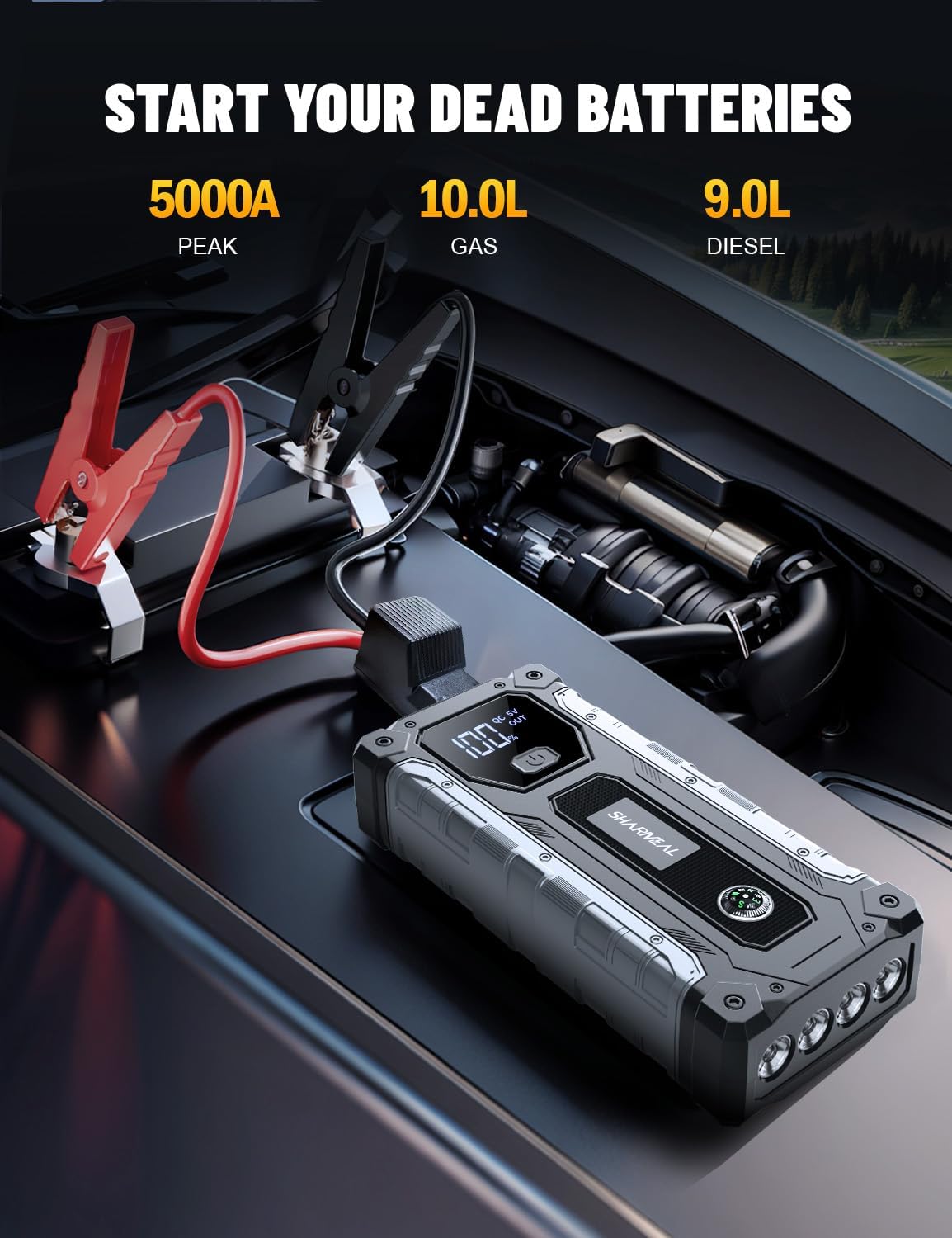 sharmeal 3000a portable jump starter for 9.0l gas and 7.0l diesel vehicles with led light