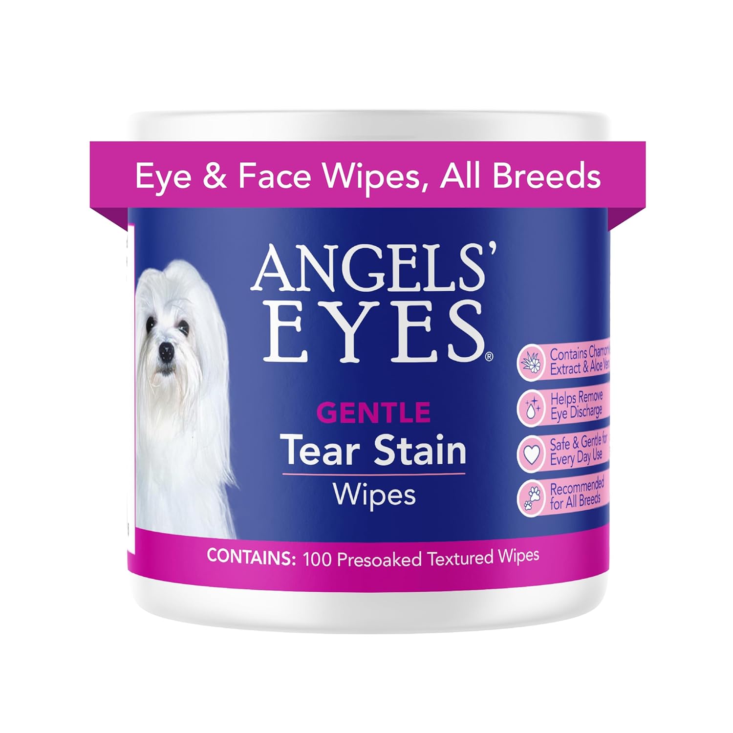 Angel's Eyes Gentle Tear Stain Wipes for Dogs and Cats, Presoaked, 100 Count, Textured