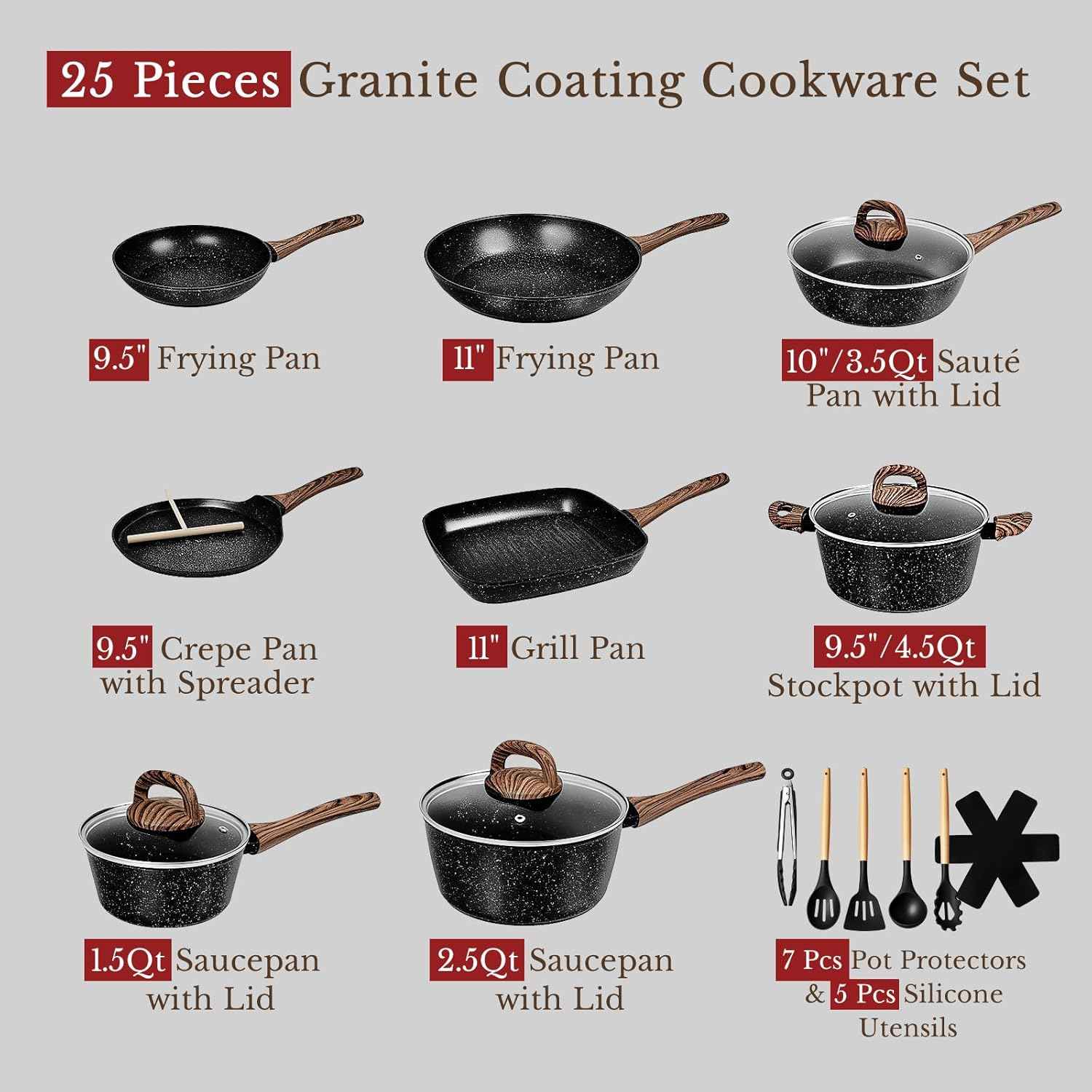 EWFEN 25 Pcs Pots and Pans Set, Nonstick Ceramic Cookware Sets, Healthy Non-Toxic, Large Capacity, Induction Compatible, Cooking Set with Frying Pans & Saucepans, PFAS/PTFE/PFOA Free, Classic Black