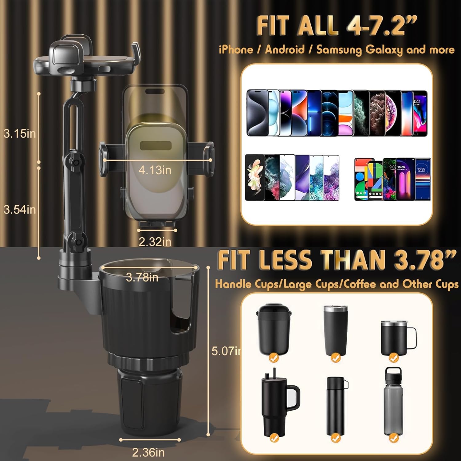 Phone Holders for Your Car, 2 in 1 Universal Cup Holder Expander Adjustable Base with Phone Mount, Long Arm with 360°Rotation Cup Holder Phones Mount for Car Compatible with All Smartphones - Rayz Mart