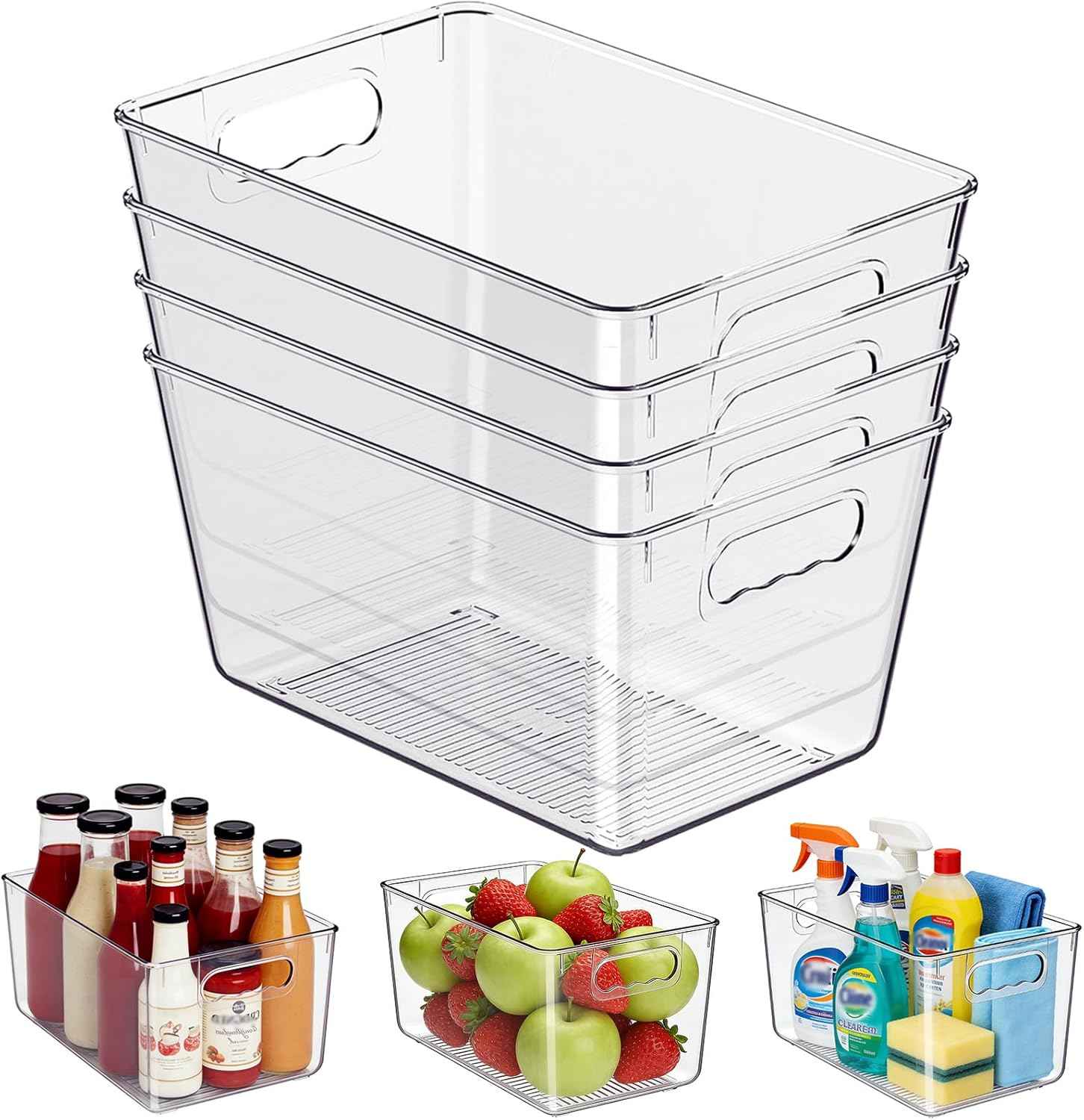 Clear Plastic Storage Bins, 4-Pack Stackable Pantry Organizers and Storage Containers for Kitchen, Fridge, Cabinet and Closet Organization - Home Essentials