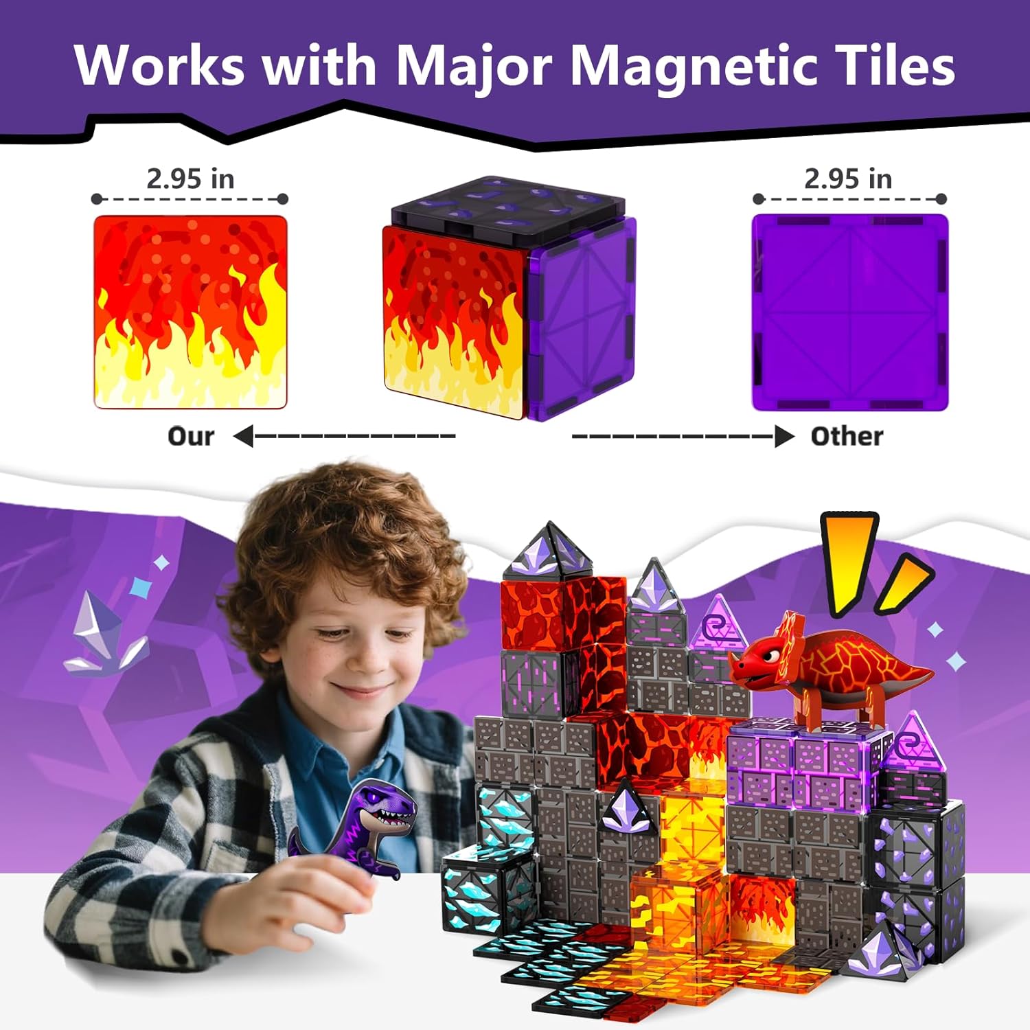 GobiDex Dinosaur Toys Magnetic Tiles Lava Cave Dinosaur World Set - Magnetic Building Blocks for Kids 3-5 5-7 Girls Boys Toys Age 4-6 6-8, STEM Sensory Toddler Birthday Gifts for 3+ Year Old Kids Toy
