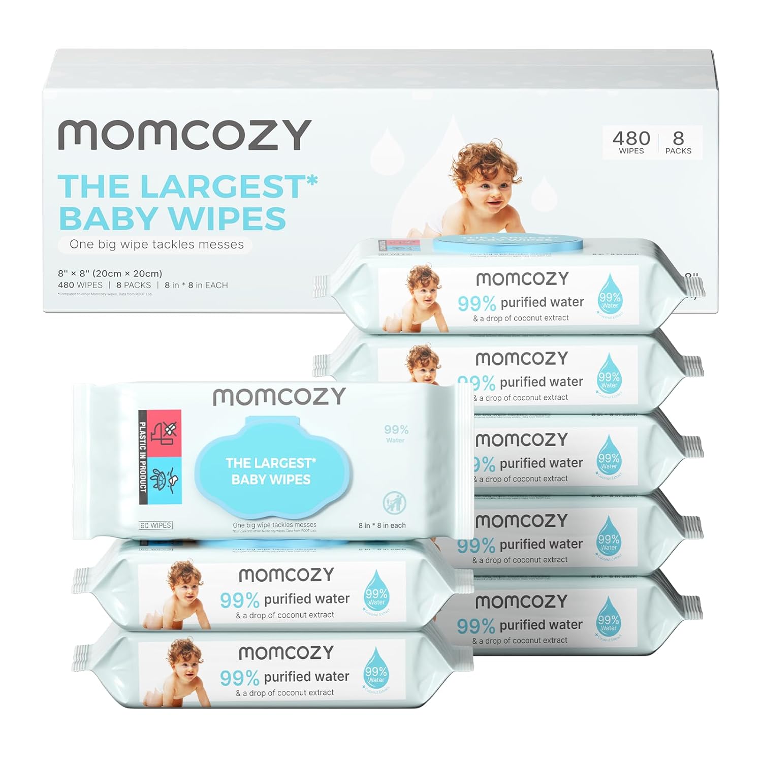 Momcozy extra large, 99% water based, unscented and hypoallergenic baby wipes for sensitive skin