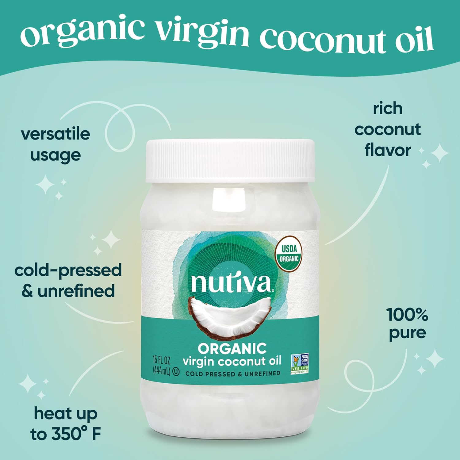 nutiva organic cold-pressed unrefined 15-ounce virgin coconut oil non-gmo sustainably farmed coconuts