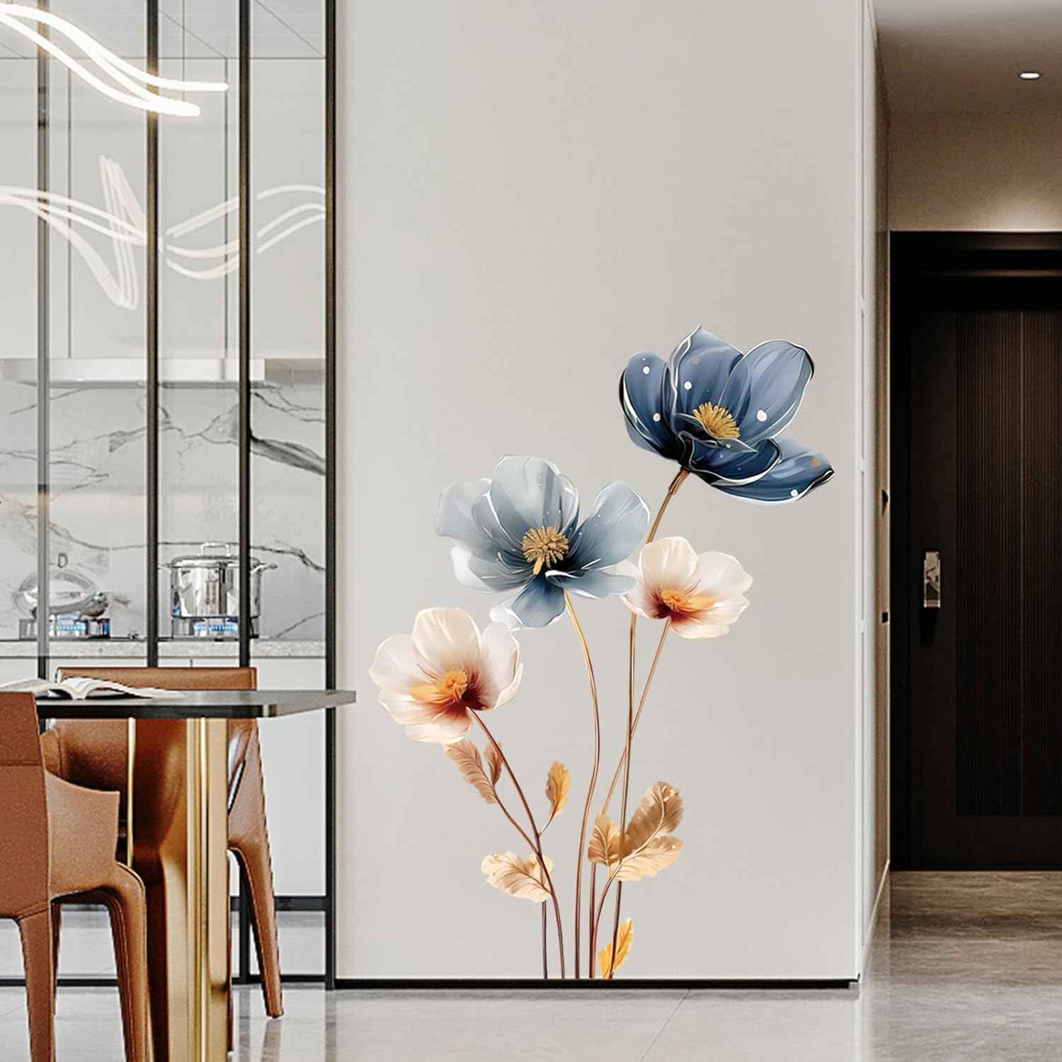 Gold Leaf Blue Flower Wall Decal PVC Wall Sticker Vintage Watercolor Floral Wall Art for Living Room Bedroom Home Decor