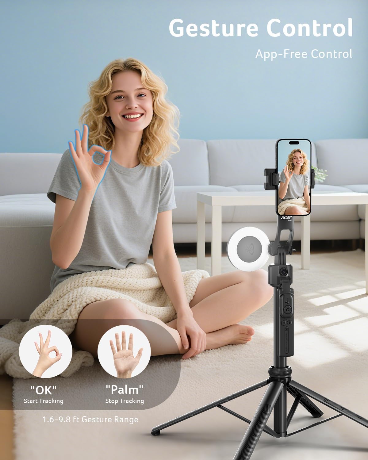 Acer Gadget Auto Face Tracking Tripod for iPhone/Cell Phone/Android/Camera with Light and Remote, 64", No App, 360°Rotating Tripod Selfie Stick for Tiktok YouTube Vlog Live Streaming Video Recording