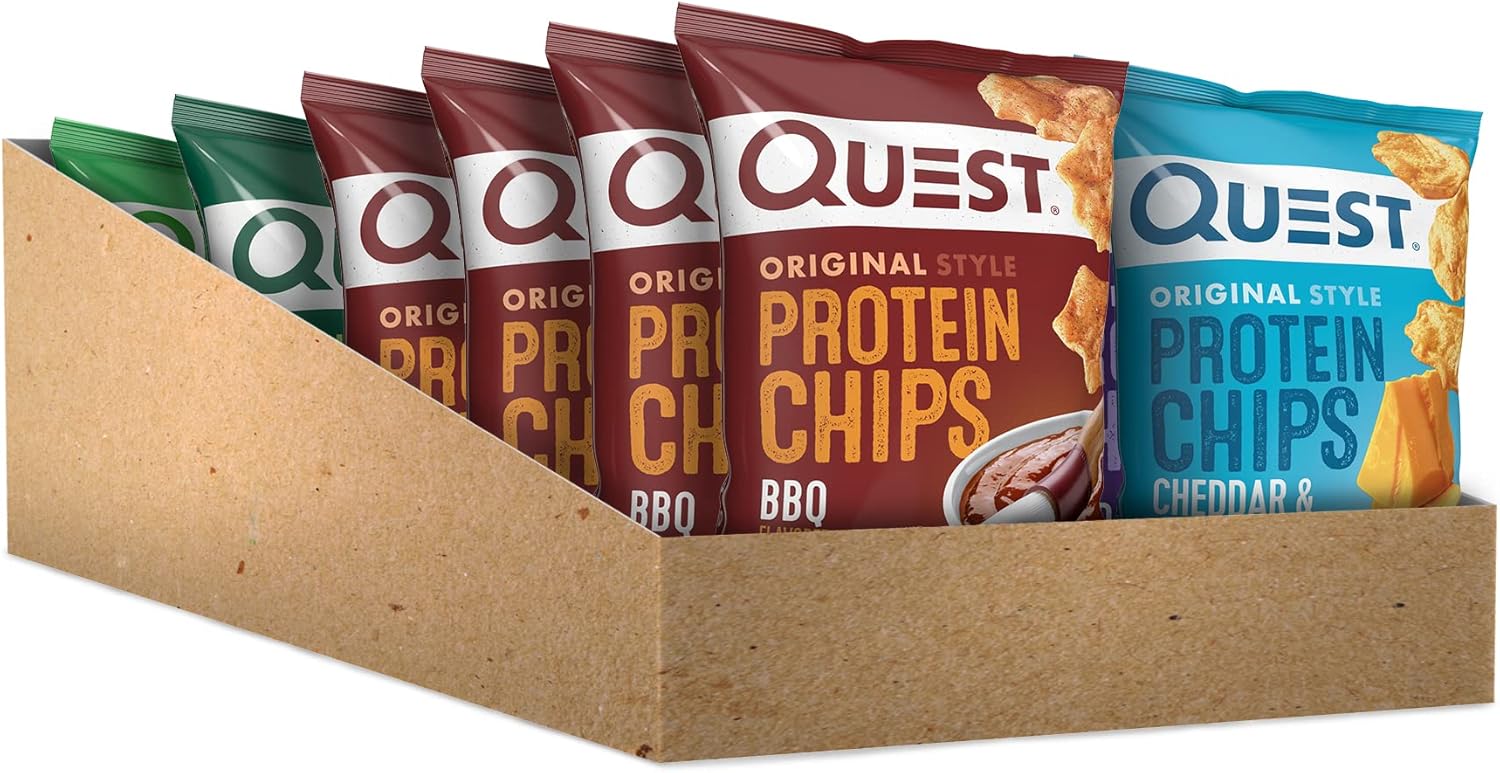 quest nutrition protein chips variety pack, 12-pack, bbq, cheddar, sour cream, high protein, low carb, 1.1 oz