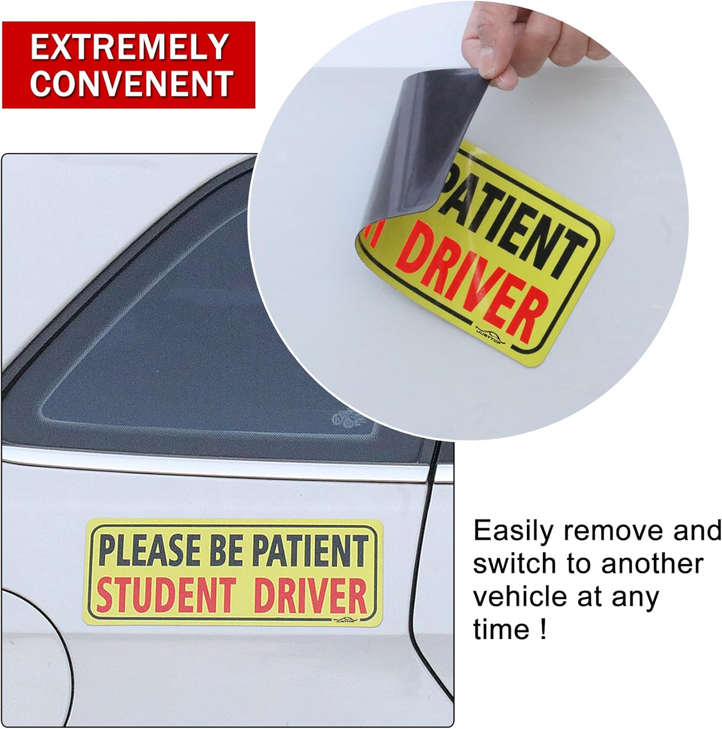JUSTTOP 3pcs student driver car magnet in black and red, reflective, waterproof, 3-pack for bumper stickers