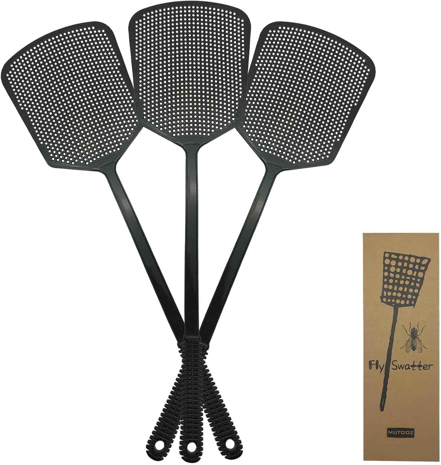 Fly Swatter Multi-Pack Manual, Heavy Duty, Flexible, Black, 3 Pack, Thick Handle