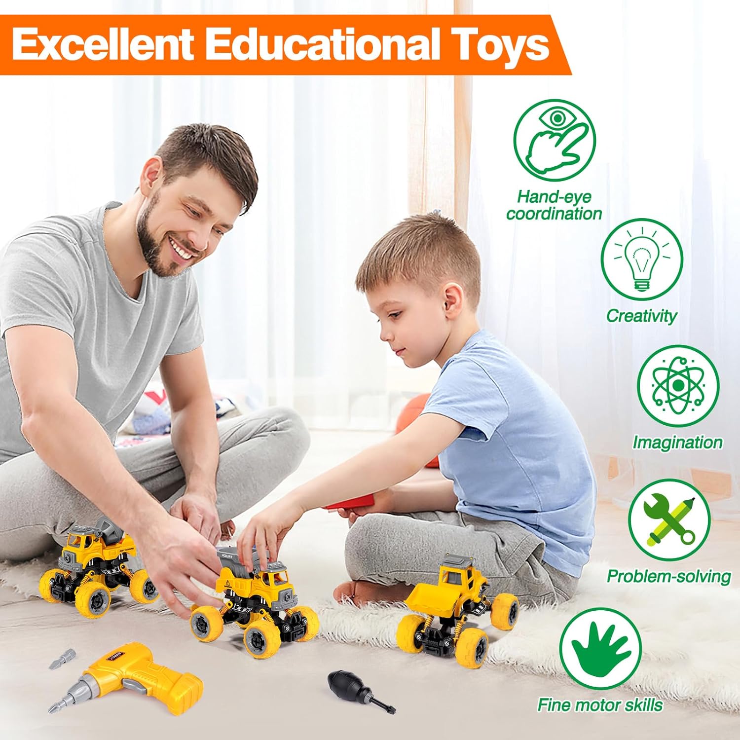 LUDILO Toys for 3 4 5 Year Old Boy Birthday Gift: 4PCS Take Apart Construction Truck Excavator Toy with Electric Drill, Kids Building Stem Learning Toy Gifts for 3 4 5 6 Year Old Boys Toys Age 4-6 3-5