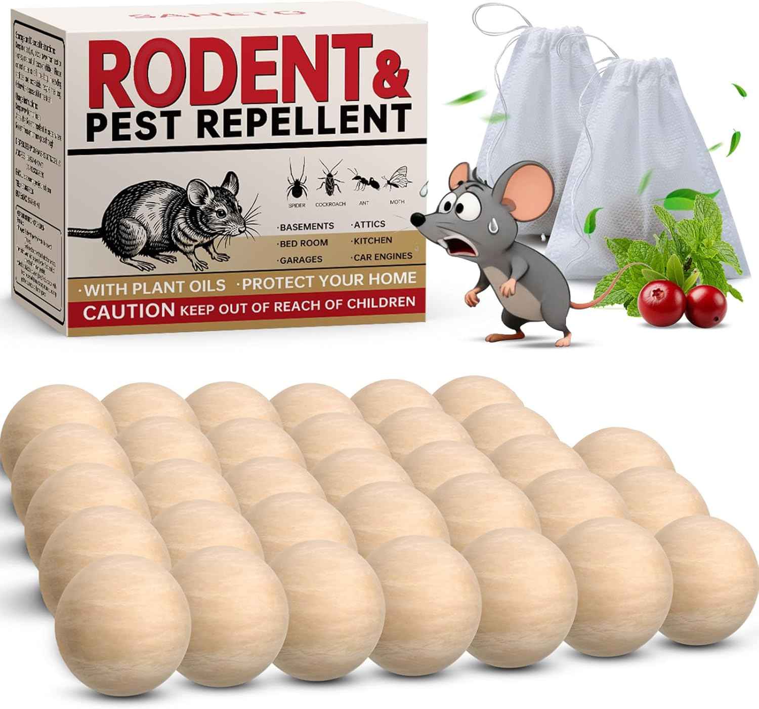 Mouse Repellent 36 Balls, Peppermint Rodent Repellent for Indoor & Outdoor Use, Long-Lasting Safe Mice Deterrent, Natural Effective Moth Balls for Rodent Control for Home, Car & Garden