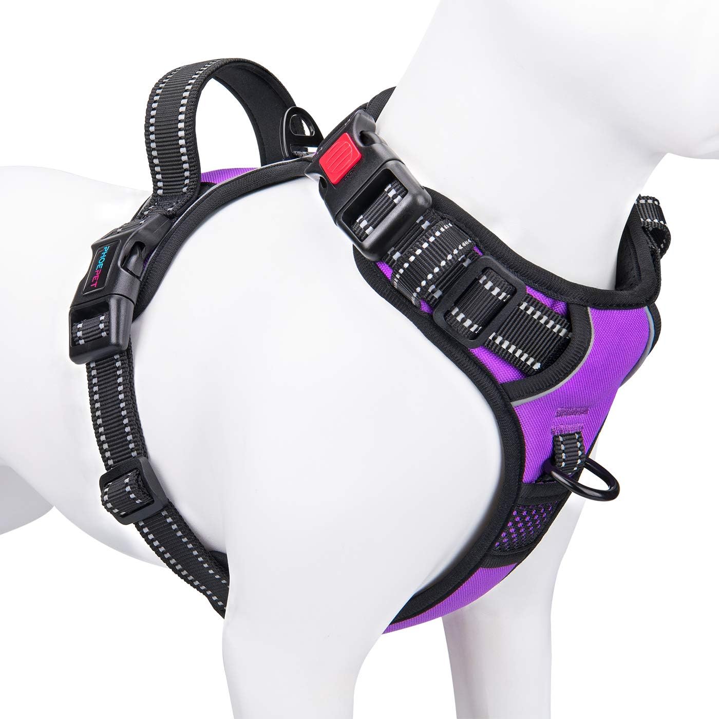 phoepet medium reflective dog harness with handle adjustable 2 metal rings orange