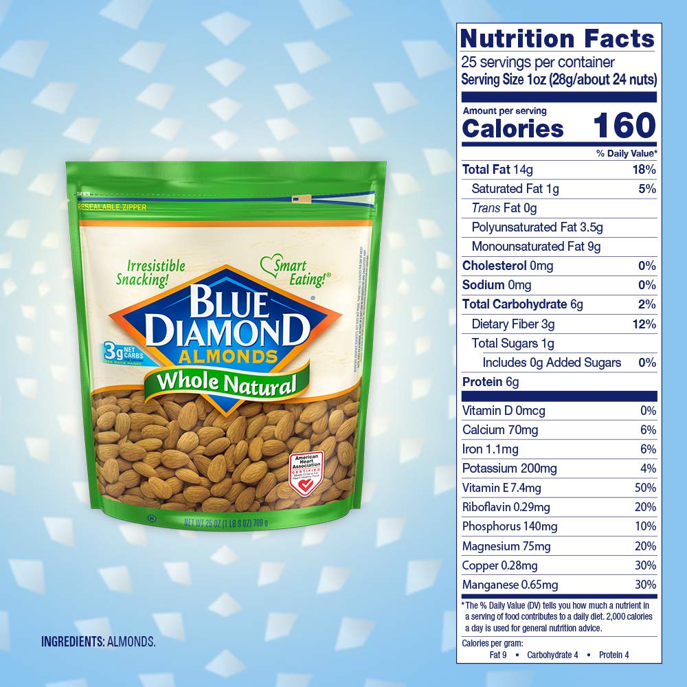 Blue Diamond whole natural raw almonds, 25 oz resealable gluten-free snack bag, pack of 1
