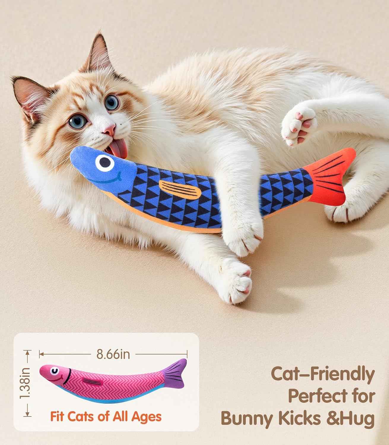Cat Toys with[5000mg A+Natural Catnip &Silvervine] [Baby Grade] Interactive Soft Chew Kicker Cat Toys for Indoor Cats & Kittens, [Crinkle &Bell] Fish Sound Toy, Drives Bored Cat Crazy with Fun