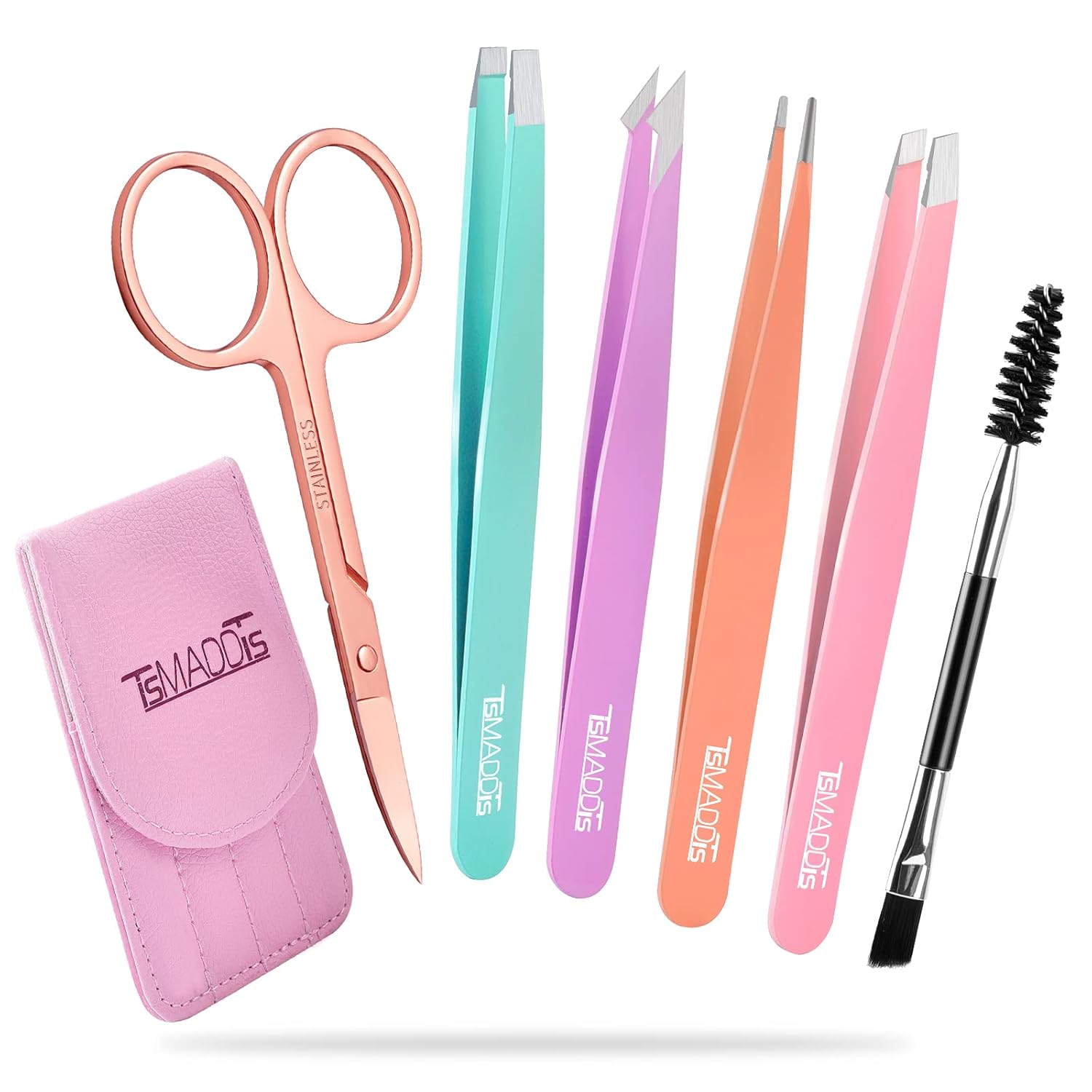TsMADDTs 6 PCS Stainless Steel Tweezers Set for Women with Curved Scissor and Leather Travel Case