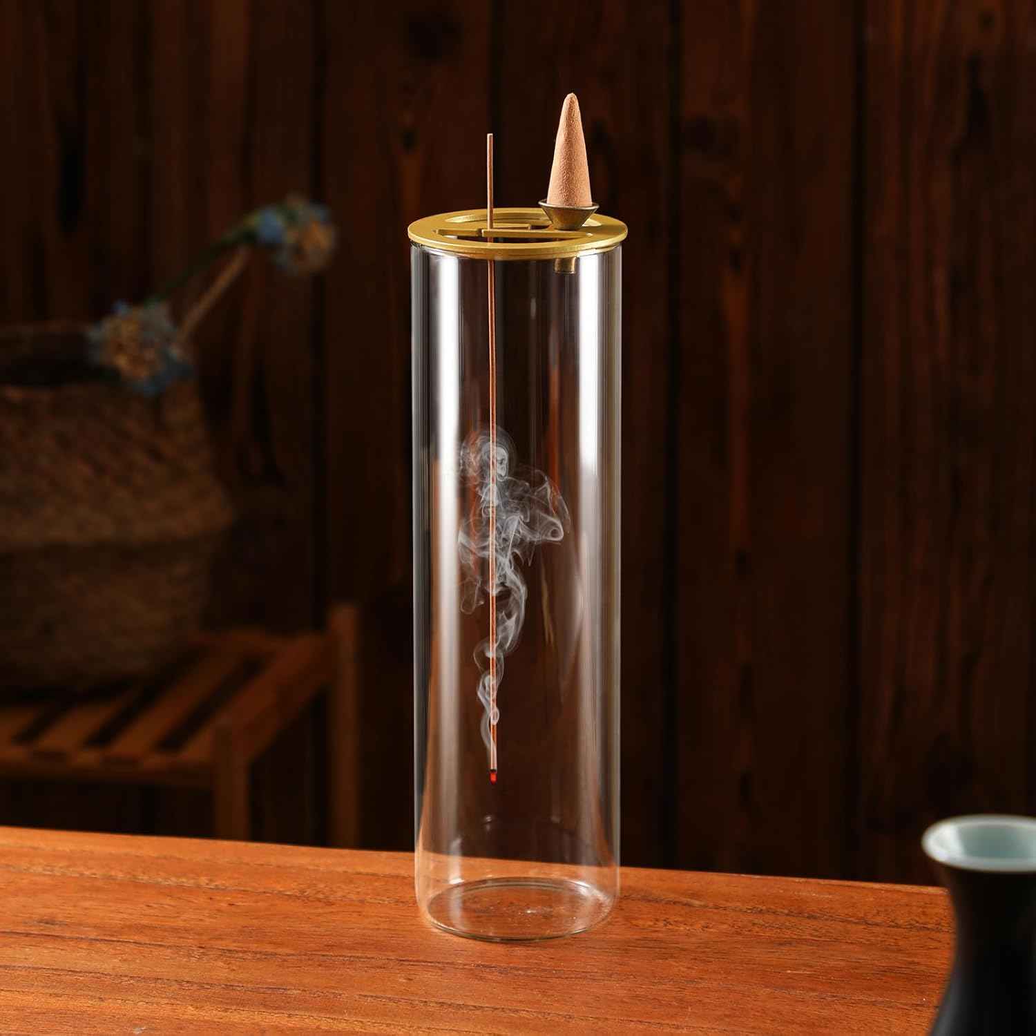 Ceremony Incense Holder, Wooden Incense Holder for Sticks with Glass Ash Catcher, Anti-ash Incense Burner with 20 Incense Sticks and a Ash Brush for Meditation Yoga Spa Room Decor