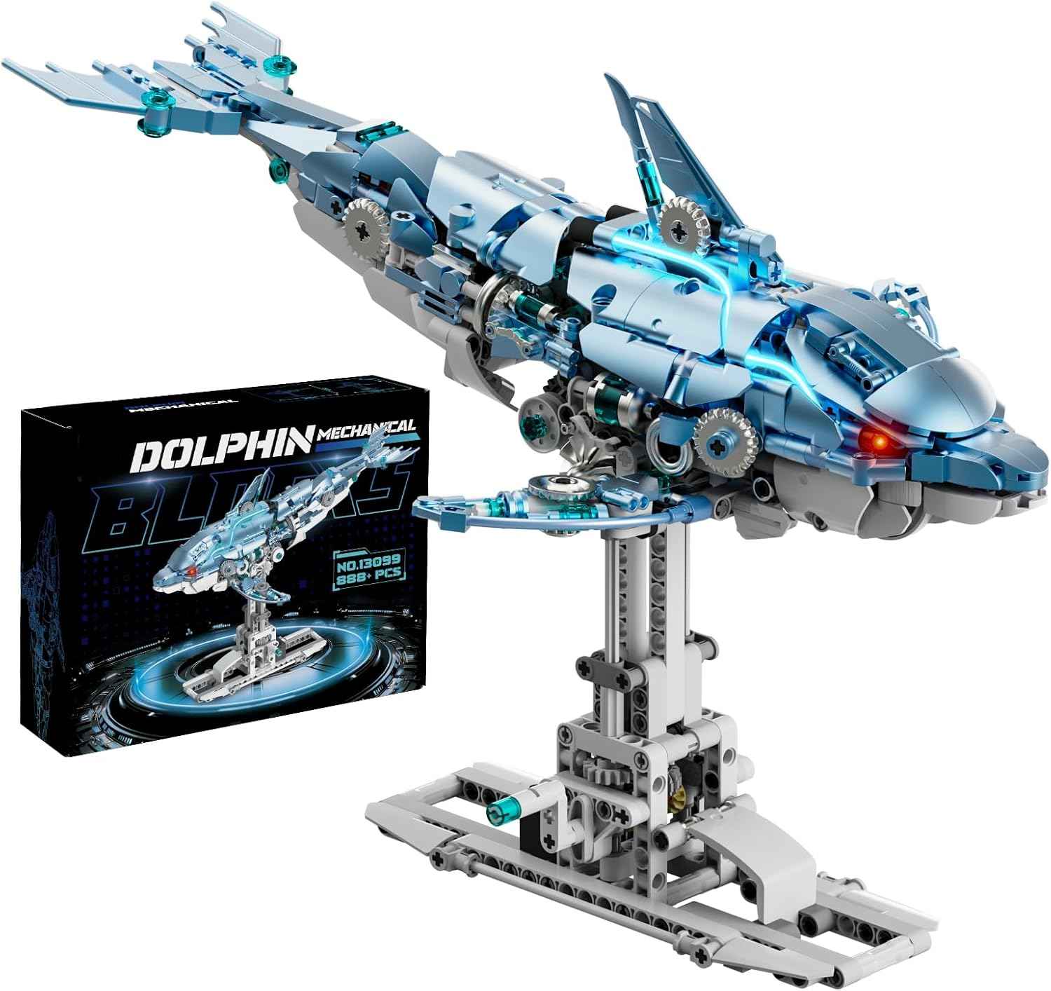 Myth Qholve Mechanical Blue Dolphin Building Blocks Set Hand-Operated Motion, Detailed Gear Design, Display & Play Model Futuristic Ocean Animal Model