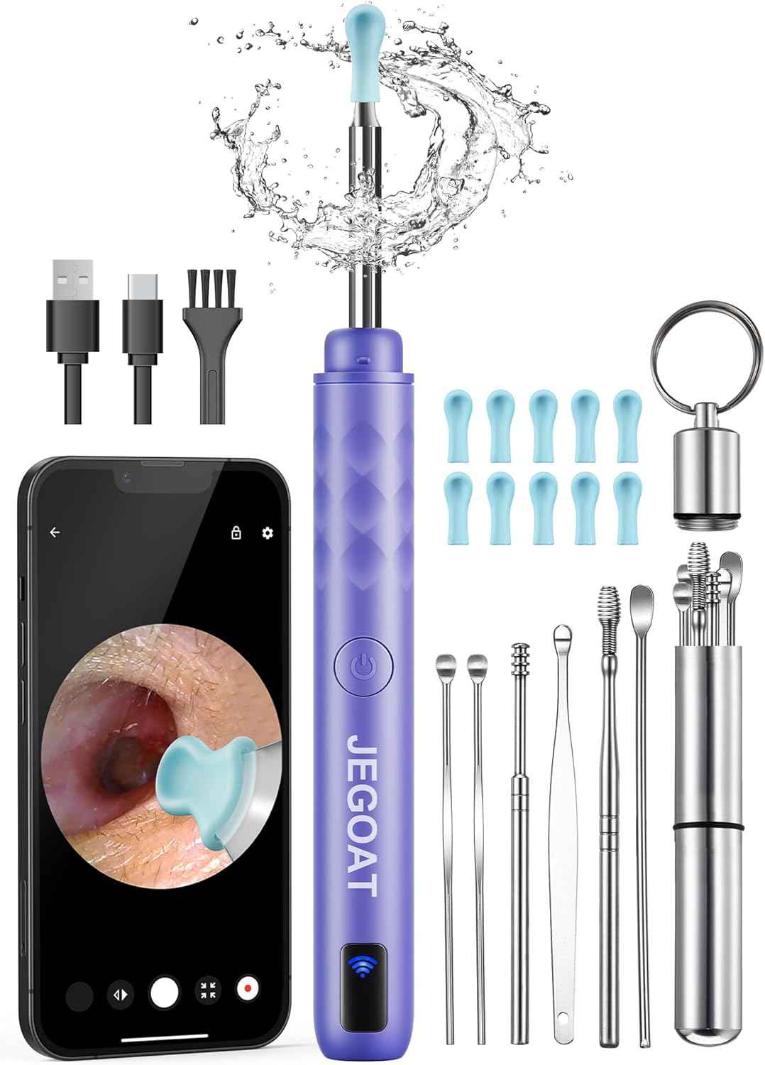 Jegoat Ear Wax Removal, Ear Wax Removal Tool Camera with 1296P HD Camera and 6 LED Lights, Ear Cleaner with 10 Ear Pick, Upgraded Ear Wax Removal Kit for iOS and Android, Black