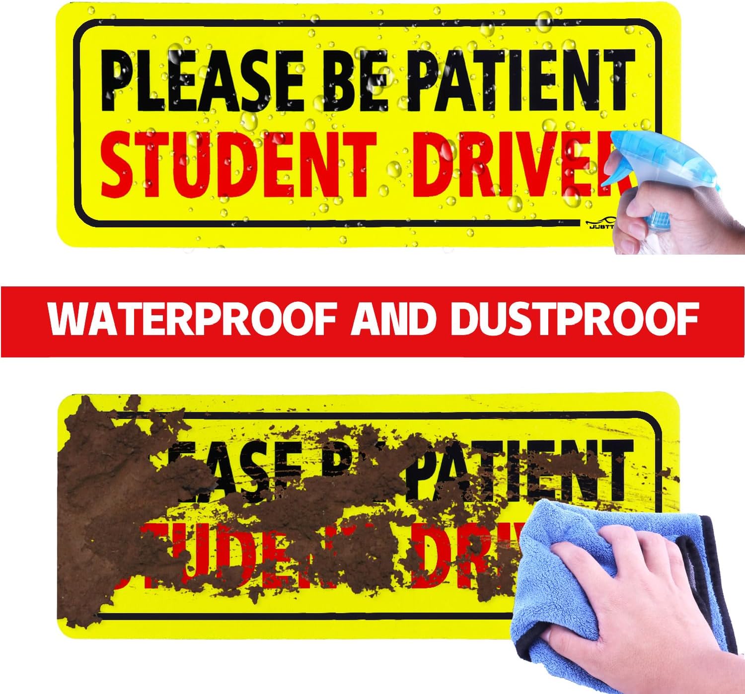 JUSTTOP 3pcs student driver car magnet in black and red, reflective, waterproof, 3-pack for bumper stickers
