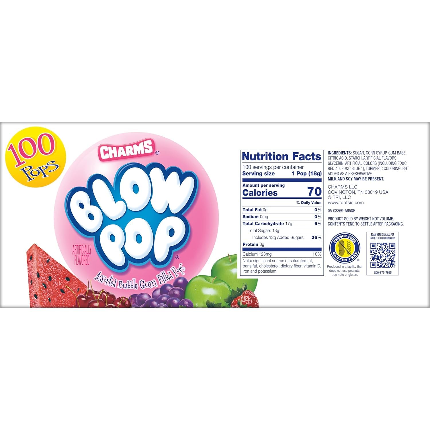 Charms Blow Pop 100-Count Assorted Flavors Individually Wrapped Dual Candy and Gum Suckers, Peanut Free, Gluten Free, Kosher, Bulk Treat for Kids and Adults