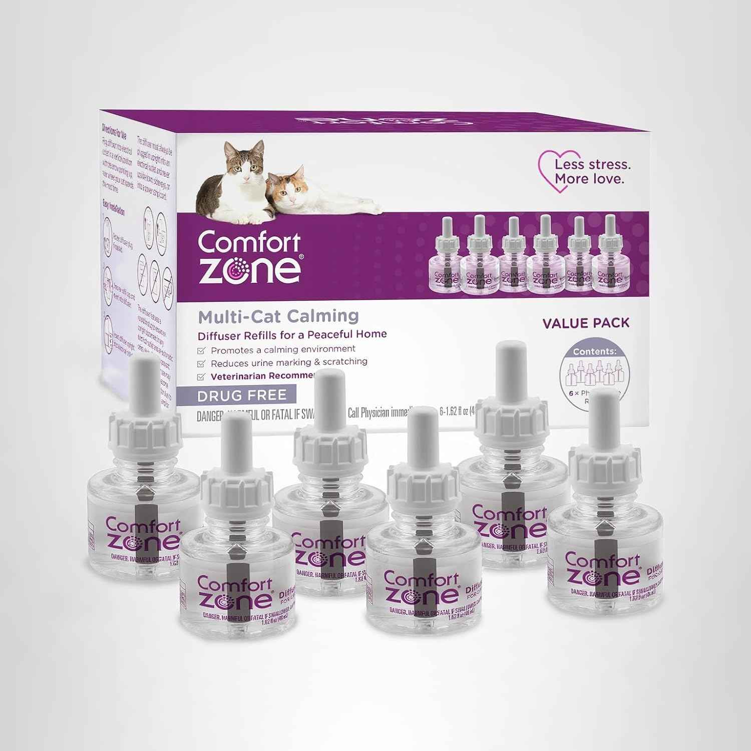 COMFORT ZONE Multi Cat Calming Diffuser Refill, 6 Pack – Cat Calming Pheromone Refills Help Reduce Anxiety, Stress, Scratching, Urine Marking, Multi-Cat Aggression, (30-Day Refills, 180-Day Supply)