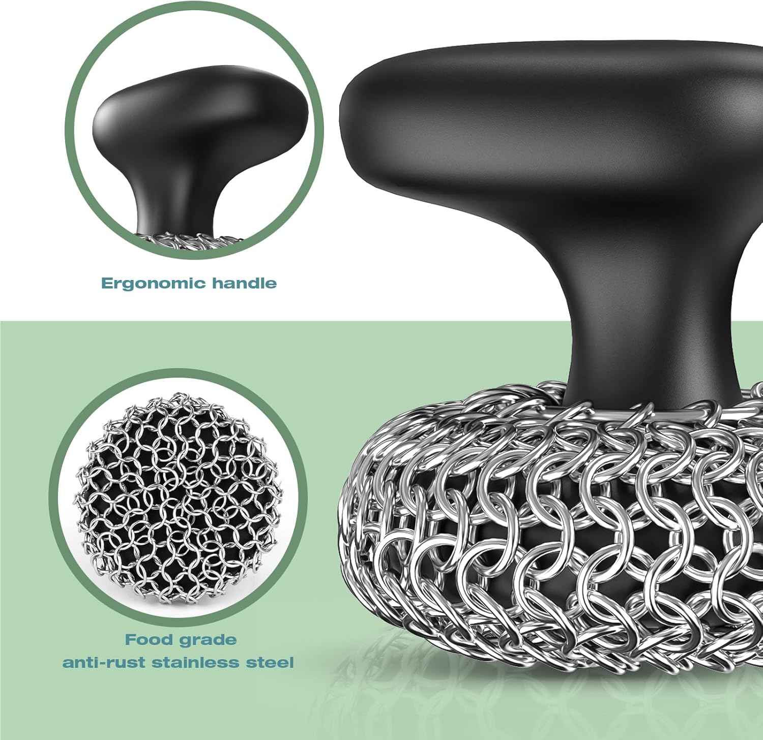 Purgreat Cast Iron Scrubber | Dish Scrub Brush | 316 Cleaner Chainmail Scrubber for Cast Iron Pan Skillet Cleaner - Dish Scouring Pad Dishwasher Safe Cleaning Kit, Black 02