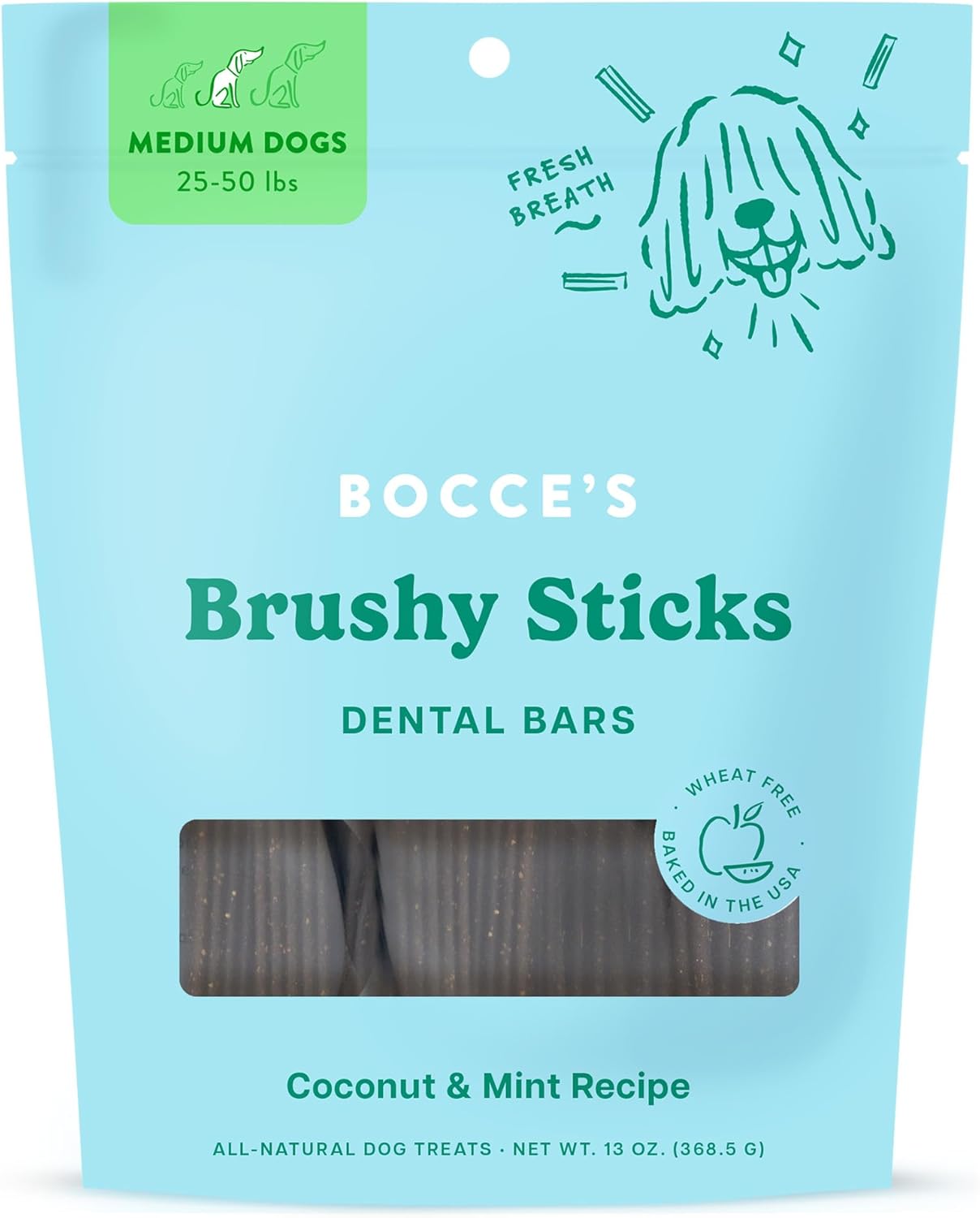Bocce's Bakery Dailies Brushy Sticks for Medium Dogs, Wheat-Free, All-Natural Coconut & Mint, Baked in USA