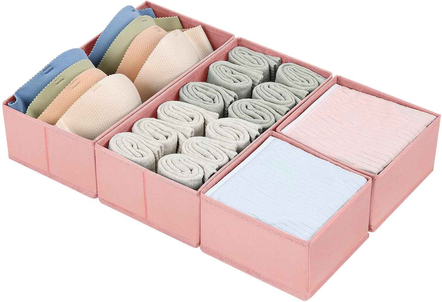 DIMJ Drawer Organizers Clothes, Set of 4 Dresser Organizer Bins, Fabric Closet Organizers and Storage, Shallow Drawer Dividers for Nursery, Clothing, Baby Clothes, Socks, Underwears, Tie (Beige)