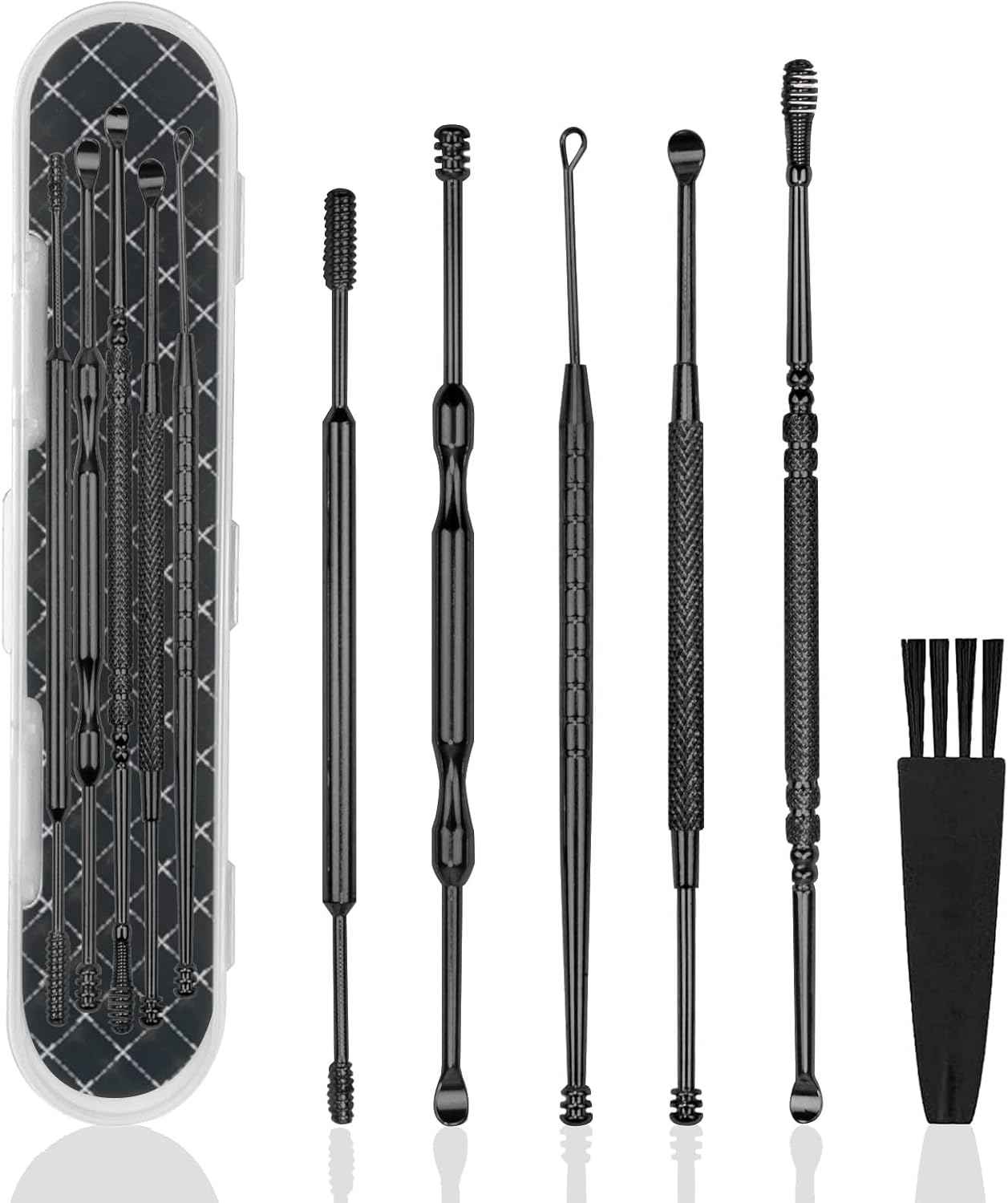 Hion 6 Pcs Extended Ear Wax Removal Kit,Professional Double-Headed Ear Pick Earwax Removal Tools,316L Stainless Steel Ear Cleaner Curette with Cleaning Brush and Storage Box,Suit for Kid Adult(Gold)