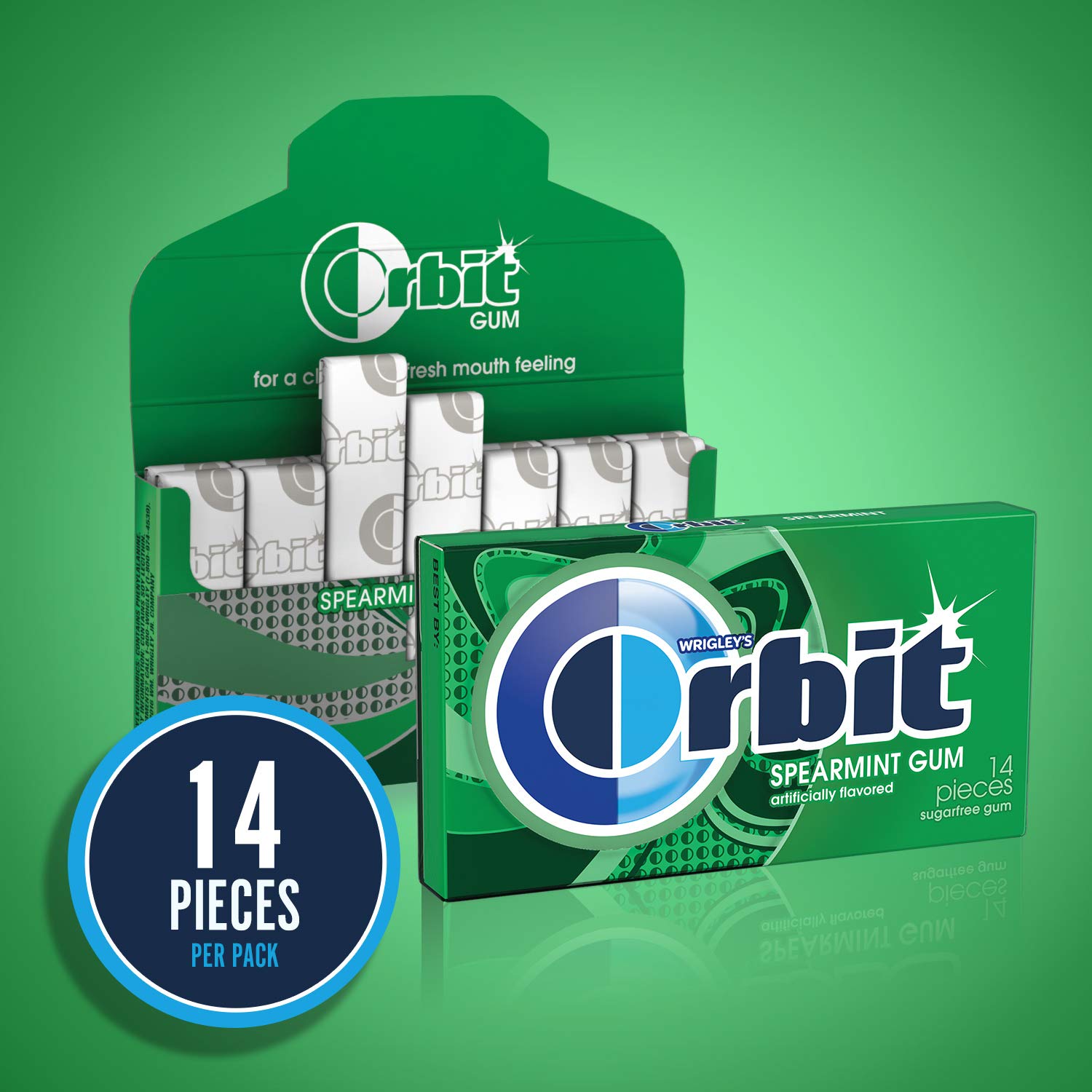 Wrigley's Orbit Sugar-Free Spearmint Gum, 12 packs in bulk with 14 pieces each, total 168 pieces