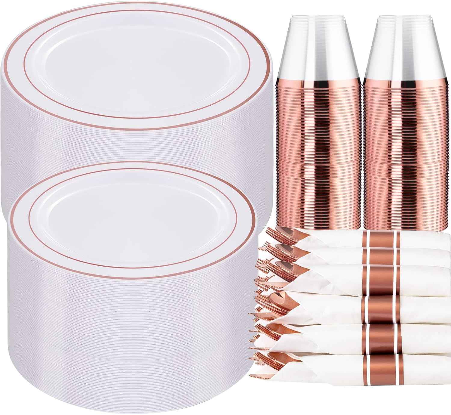WELLIFE 700 Pieces Gold Plastic Dinnerware Set for 100 Guests - Includes Plates, Cups, Napkins, and Disposable Cutlery - Elegant White & Gold Design, Perfect for Parties and Events