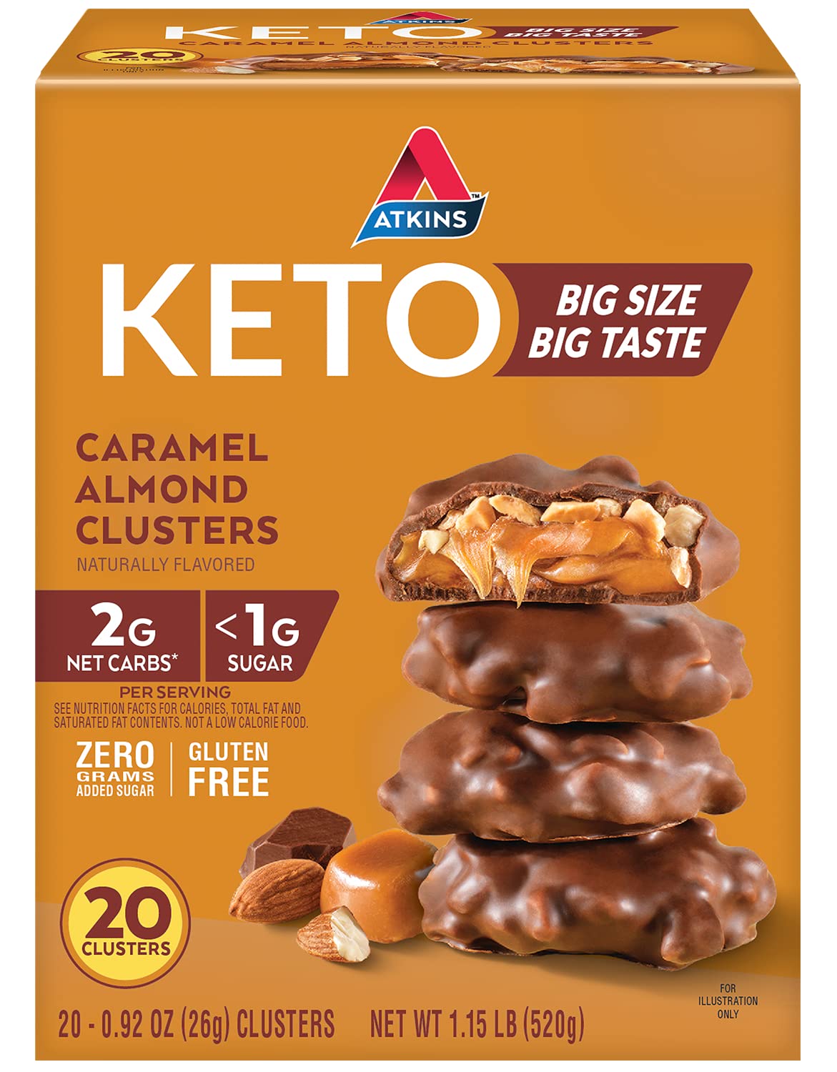 Atkins Caramel Almond Clusters Gluten Free High Fiber Keto Friendly 20 Count 2g Net Carb