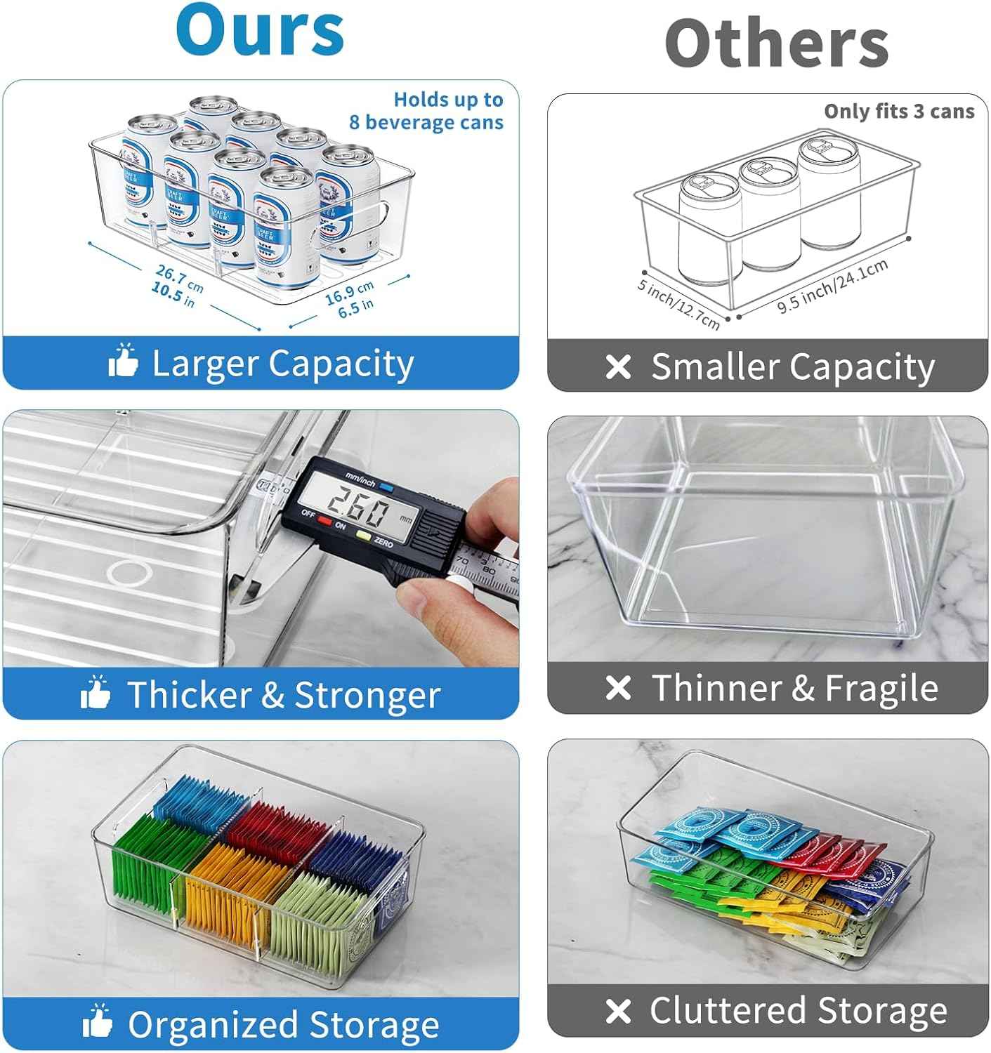 6 Pack Pantry Organizers and Storage,Clear Plastic Containers with 2 Dividers for Kitchen,Fridge Organization and Storage,Acrylic Bins for Pounches,Spice Packet,Snack organzier