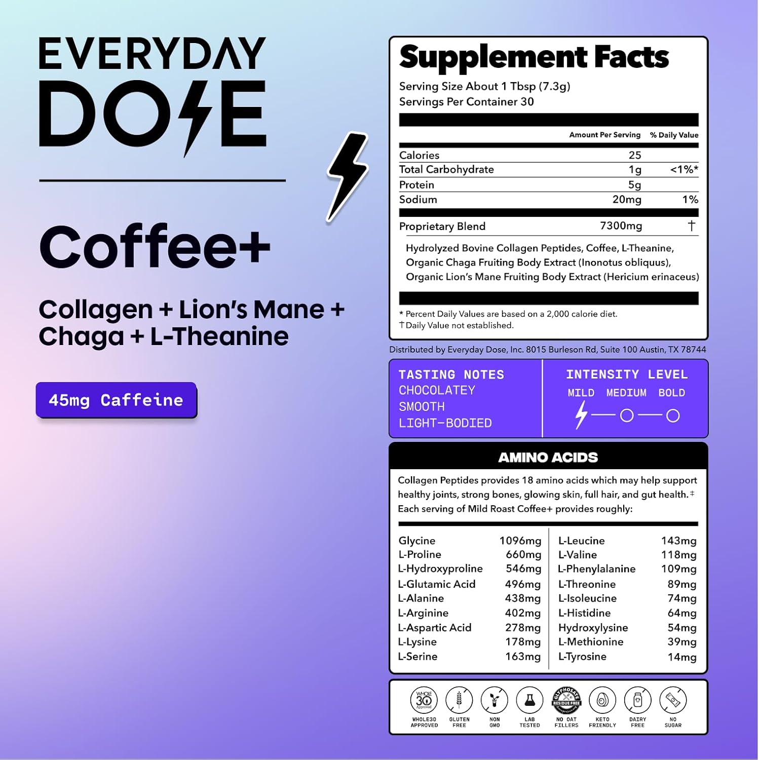 everyday dose premium adaptogenic mushroom coffee with grass-fed collagen 30 servings