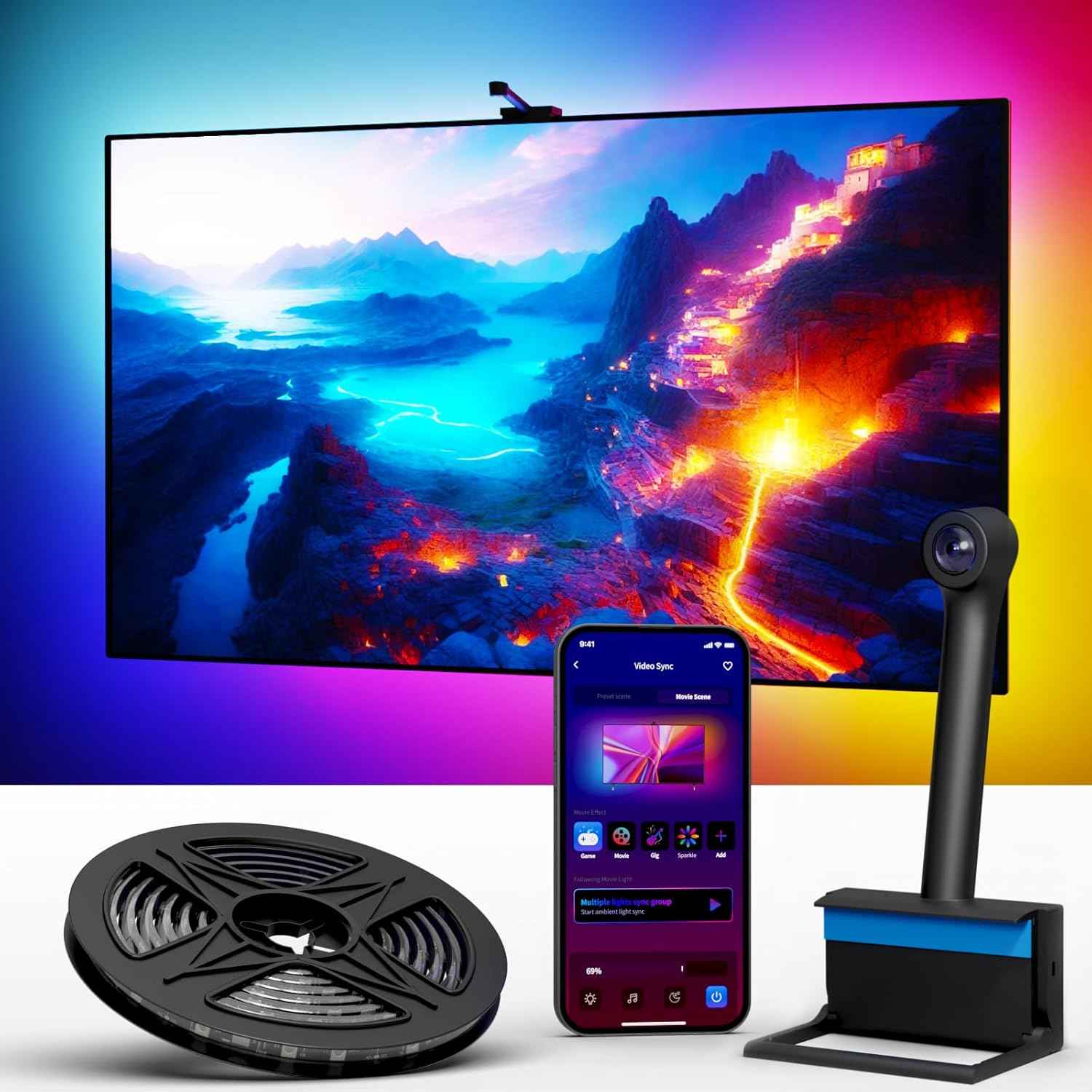 Ailofy Smart TV LED Backlight with Camera for 40-50 inch Screens, 7.87ft LED Strip Lights Sync to Screen& Music, Color Changing Lights for TV Compatible with Alexa & Google Assistant, App Control