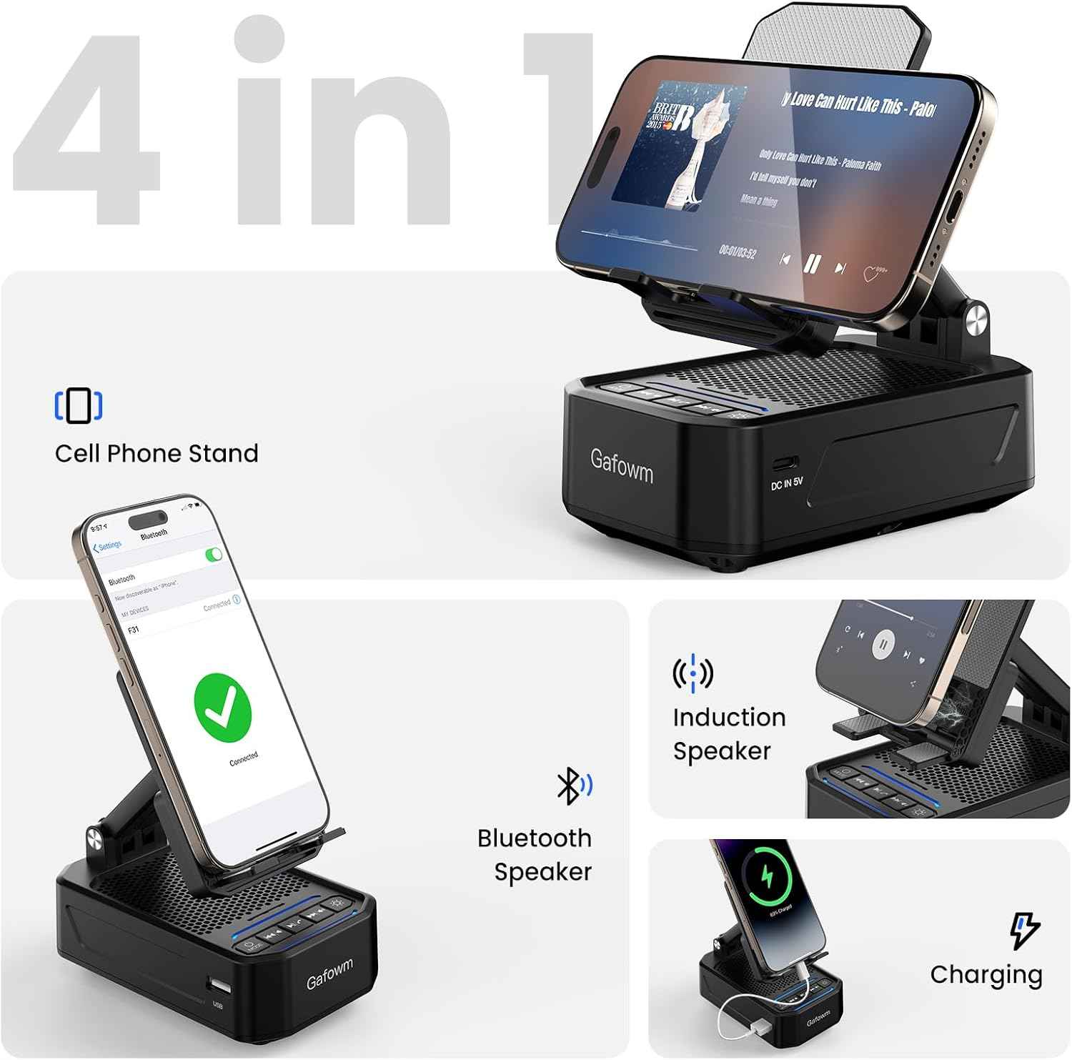 Cell Phone Stand with Instant Wireless Induction Bluetooth Speaker, No Bluetooth Pairing Needed, 1-Second Connection, HD Surround Sound, Practical Gifts for men, women, Dad, Mom, Hearing Impaired