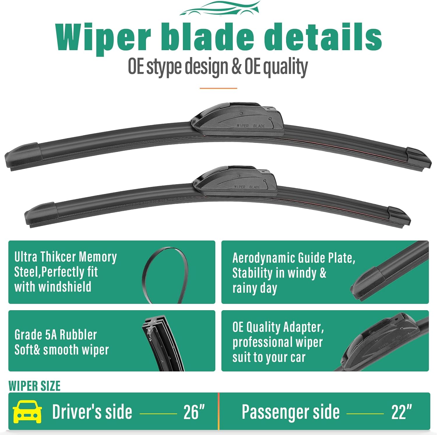 26" 22" 16" Windshield Wiper Blades Replacement for Honda Odyssey 2005-2023 2024 2025 Premium All Weather Front Rear Wipers Set - OEM Quality (Pack of 3)