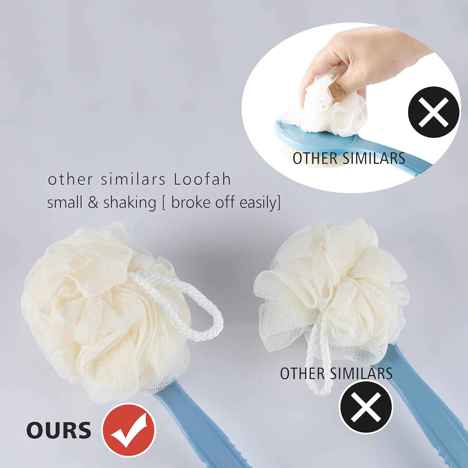 Shower body brush with bristles and loofah for skin exfoliating bath, curved long handle for back and feet, suitable for wet or dry use, men and women, blue