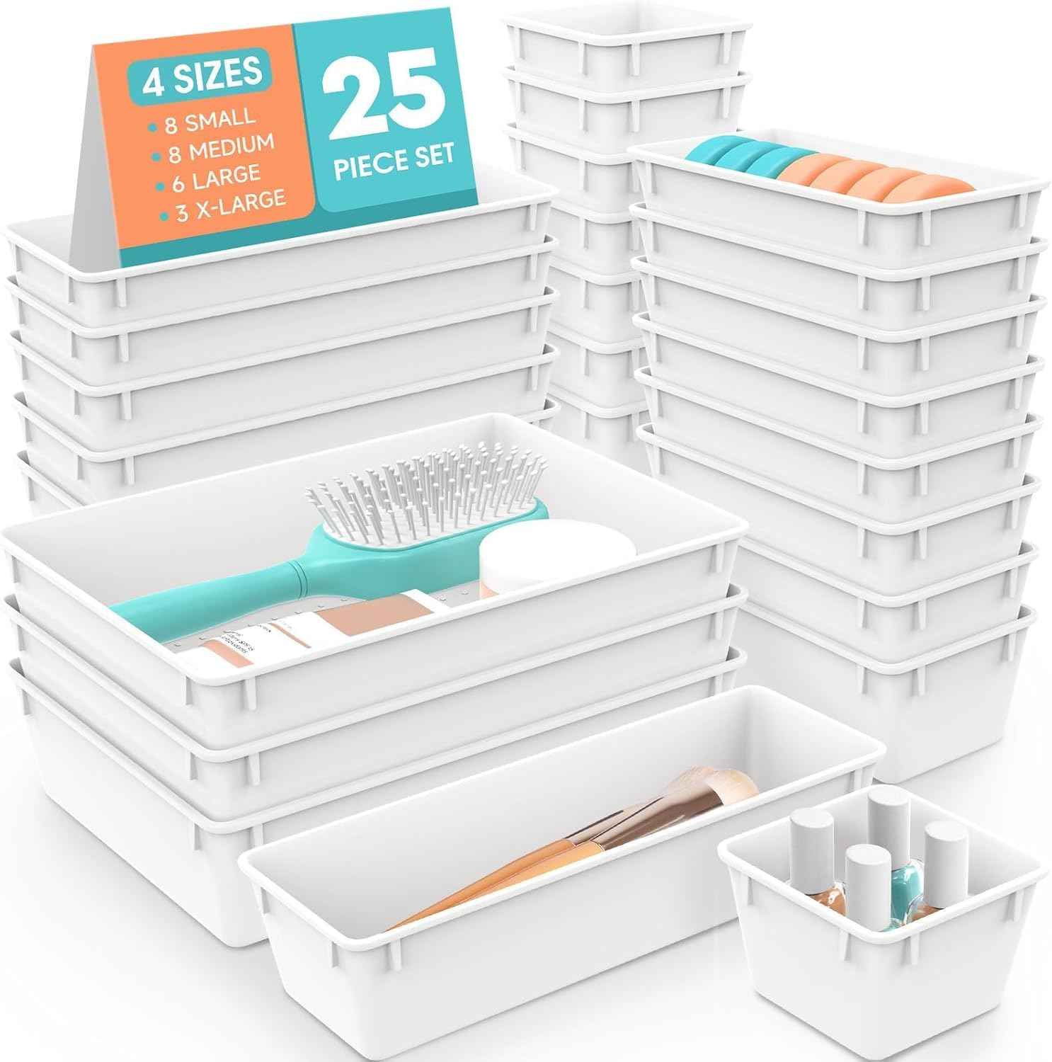 25 PCS Plastic Drawer Organizer Set, 4-Size Versatile Organizer Trays & storage Bins for Makeup, Jewelry, and Gadgets in Bathroom, Bedroom and Office,Clear Black