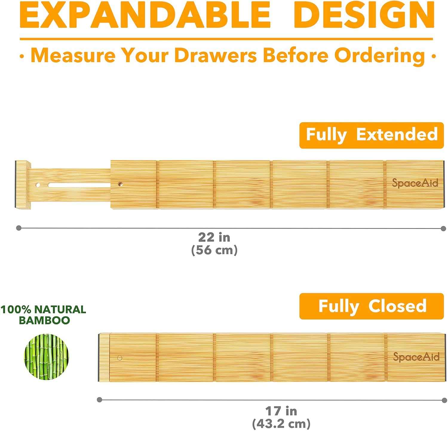 SpaceAid Bamboo Drawer Dividers with Inserts and Labels, Kitchen Adjustable Drawer Organizers, Expandable Organization for Home, Office, Dressers, 4 Dividers with 9 Inserts (17"-22" Natural)