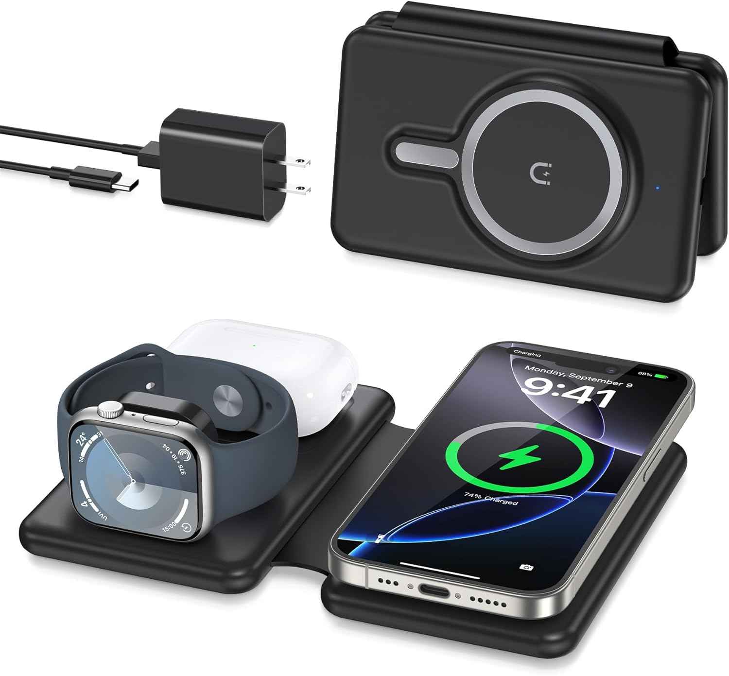 Magnetic Wireless Charger for iPhone: 3 in 1 Travel Charging Station for Apple Devices for iPhone 17 Air 16 15 14 13 12 Pro Max Plus - Foldable Charging Pad for Apple Watch Series & Airpods 4 3 2 Pro