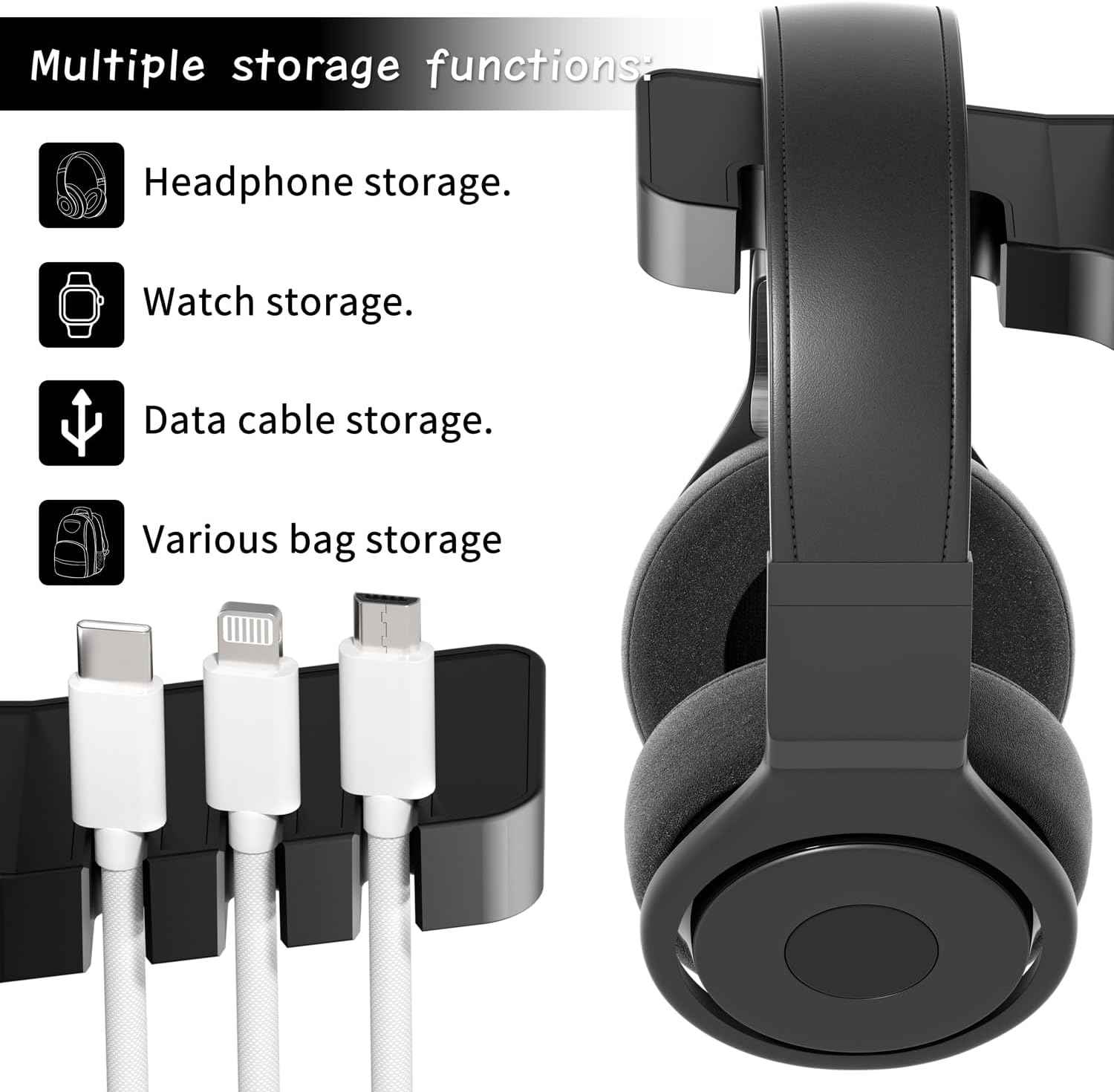 cozoo Headphone Stand with USB Charger Under Desk Headset Holder Mount 3 USB Charging Station,iWatch Stand Watch Dock Dual Earphone Hanger Hook,PC Accessories Gifts,UL Tested