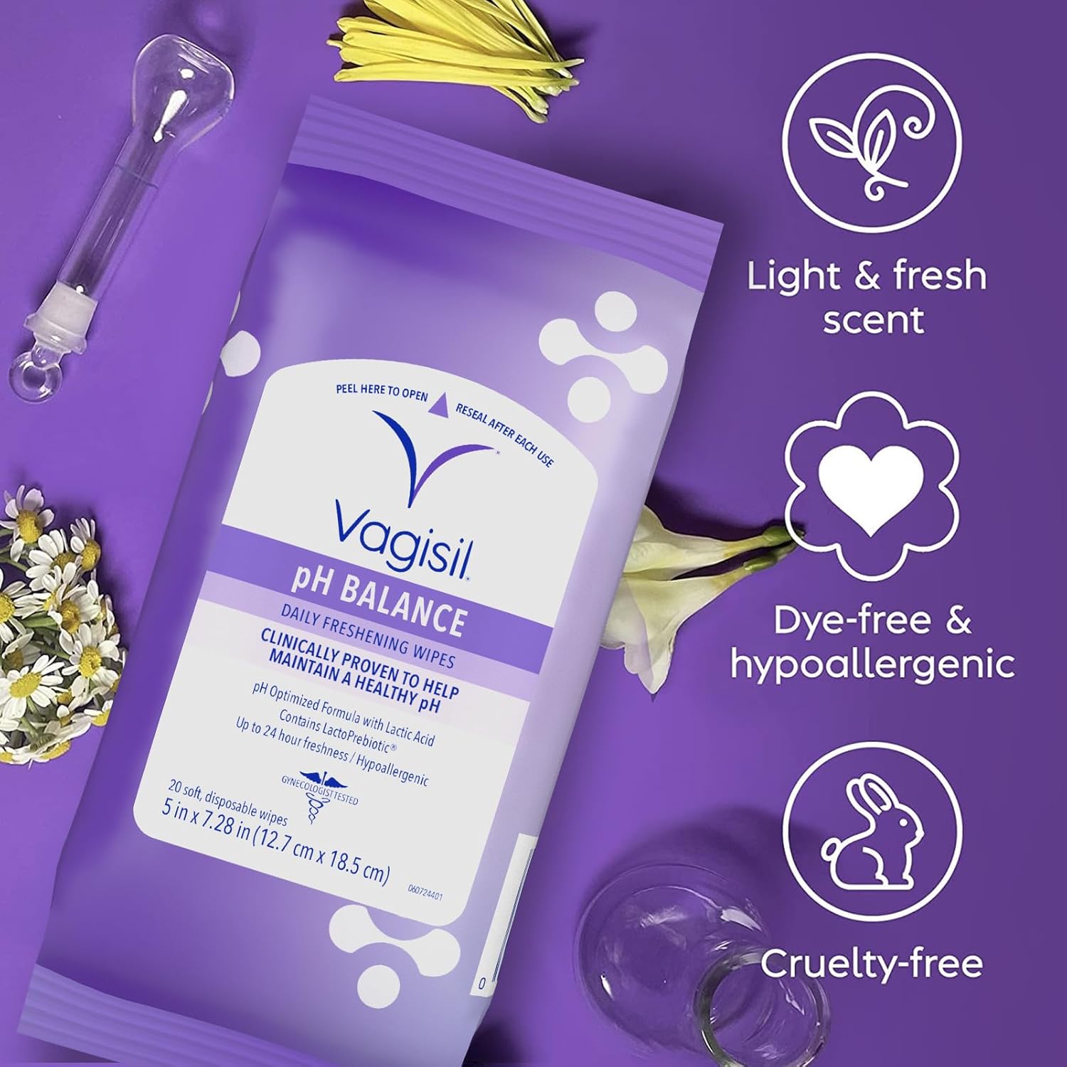 Vagisil pH Balance Daily Freshening Wipes, Hypoallergenic, Gynecologist Tested, Resealable Pouch, 20 Wipes