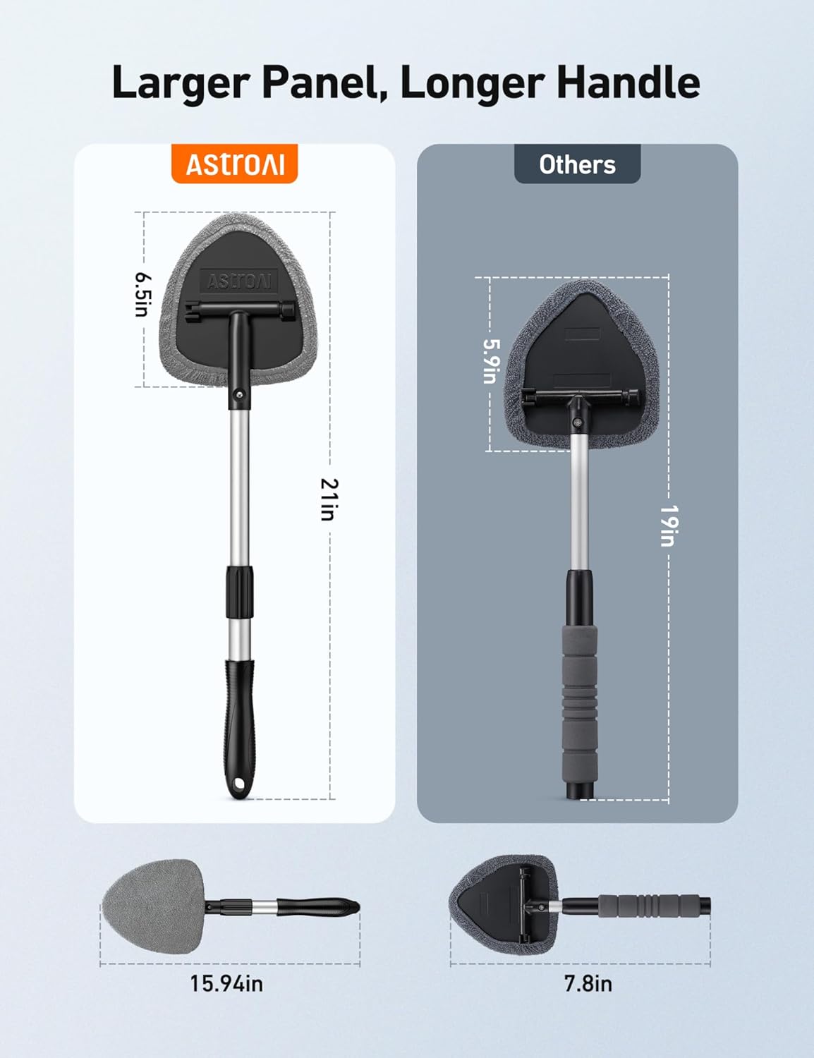 astroAI Windshield Cleaner Tool with Extendable Handle and 4 Reusable Microfiber Pads for Car Interior Detailing Cleaning Kit, Gray, 15.9-21in
