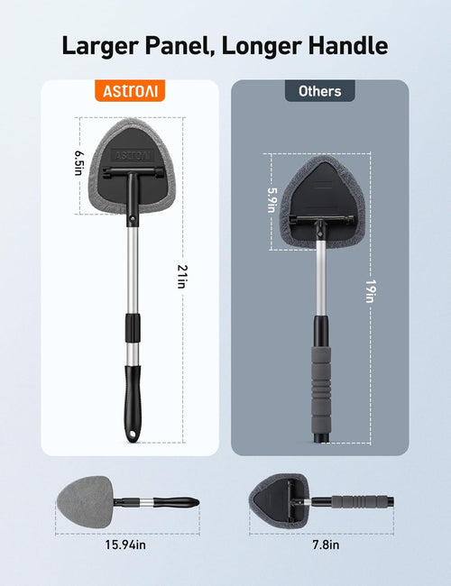 astroAI Windshield Cleaner Tool with Extendable Handle and 4 Reusable Microfiber Pads for Car Interior Detailing Cleaning Kit, Gray, 15.9-21in