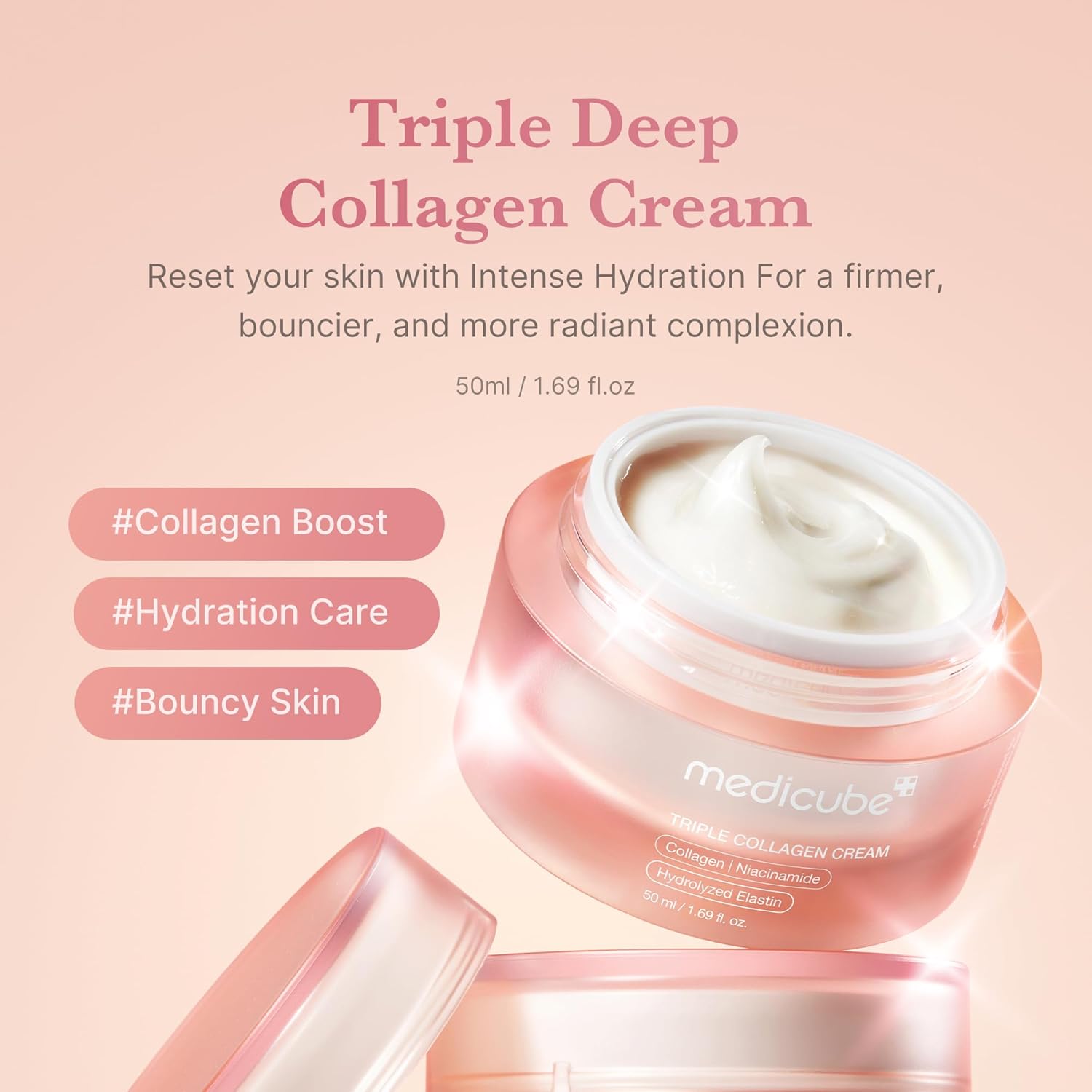 medicube triple collagen cream, 1.69 oz, hydrating & firming moisturizer with hyaluronic acid, premium elastin, shea butter, korean skincare