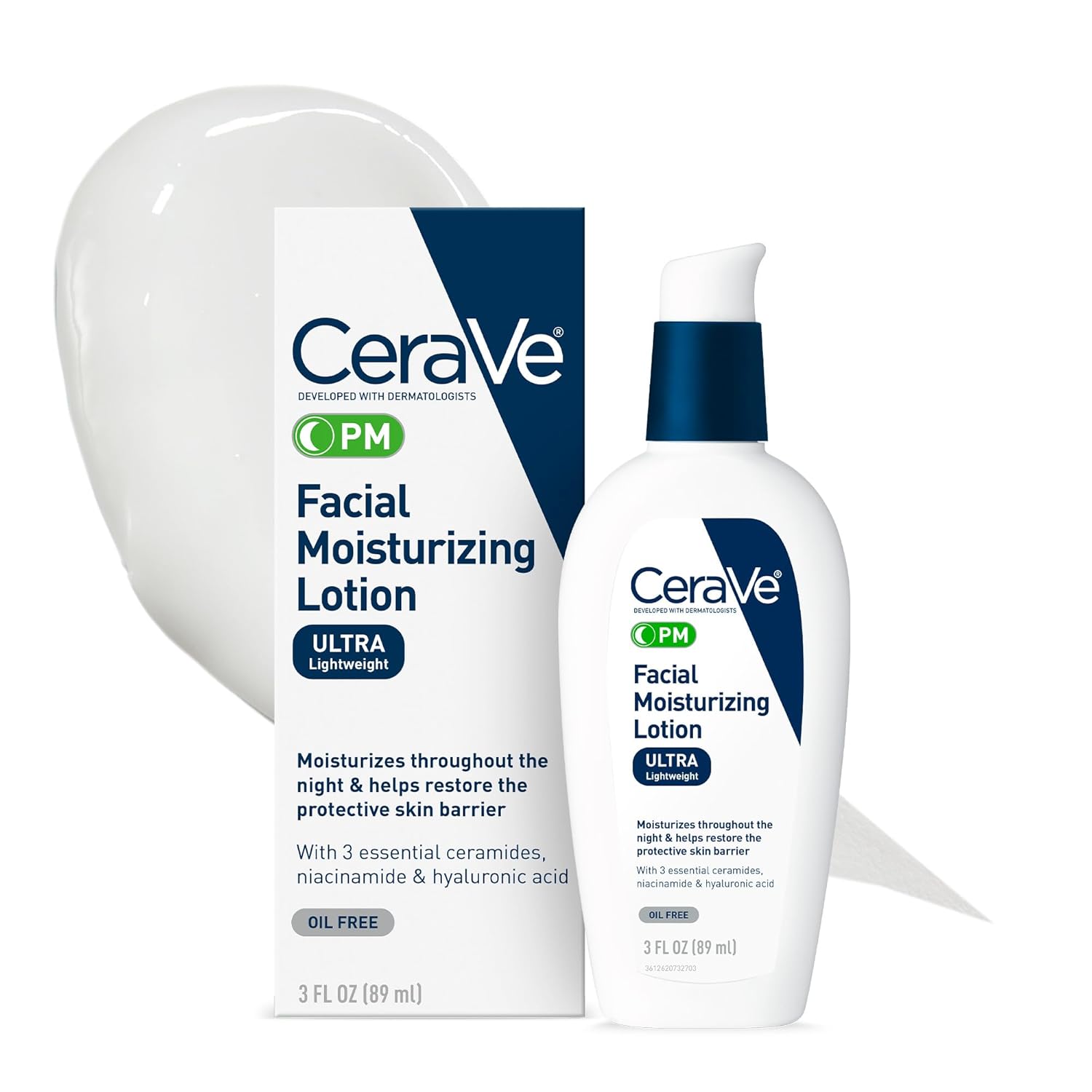 cerave pm facial moisturizing lotion, 3 ounce, night cream with hyaluronic acid and niacinamide, oil-free