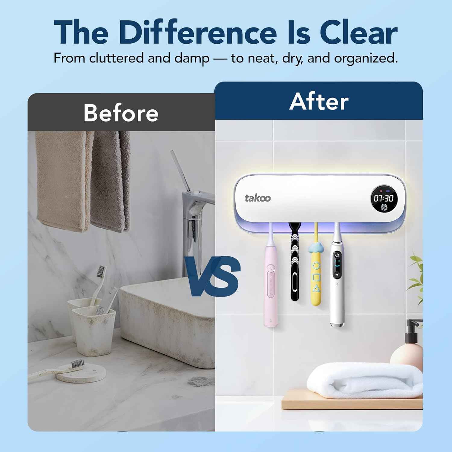 Takoo Toothbrush Cleaner, 4 Slots Wall Mounted Toothbrush Holder for Bathroom, Smart Hot Air Drying Technology, Rechargeable Smart Home Gadget