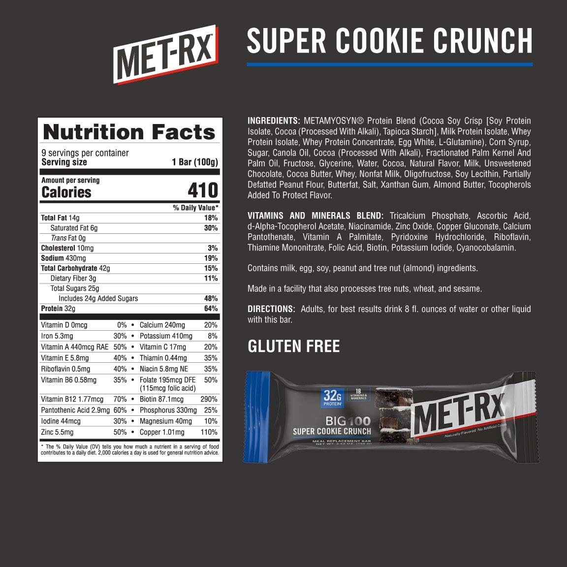 MET-Rx Big 100 Protein Bar, Meal Replacement Bar, 32G Protein, Super Cookie Crunch, 3.52 Oz