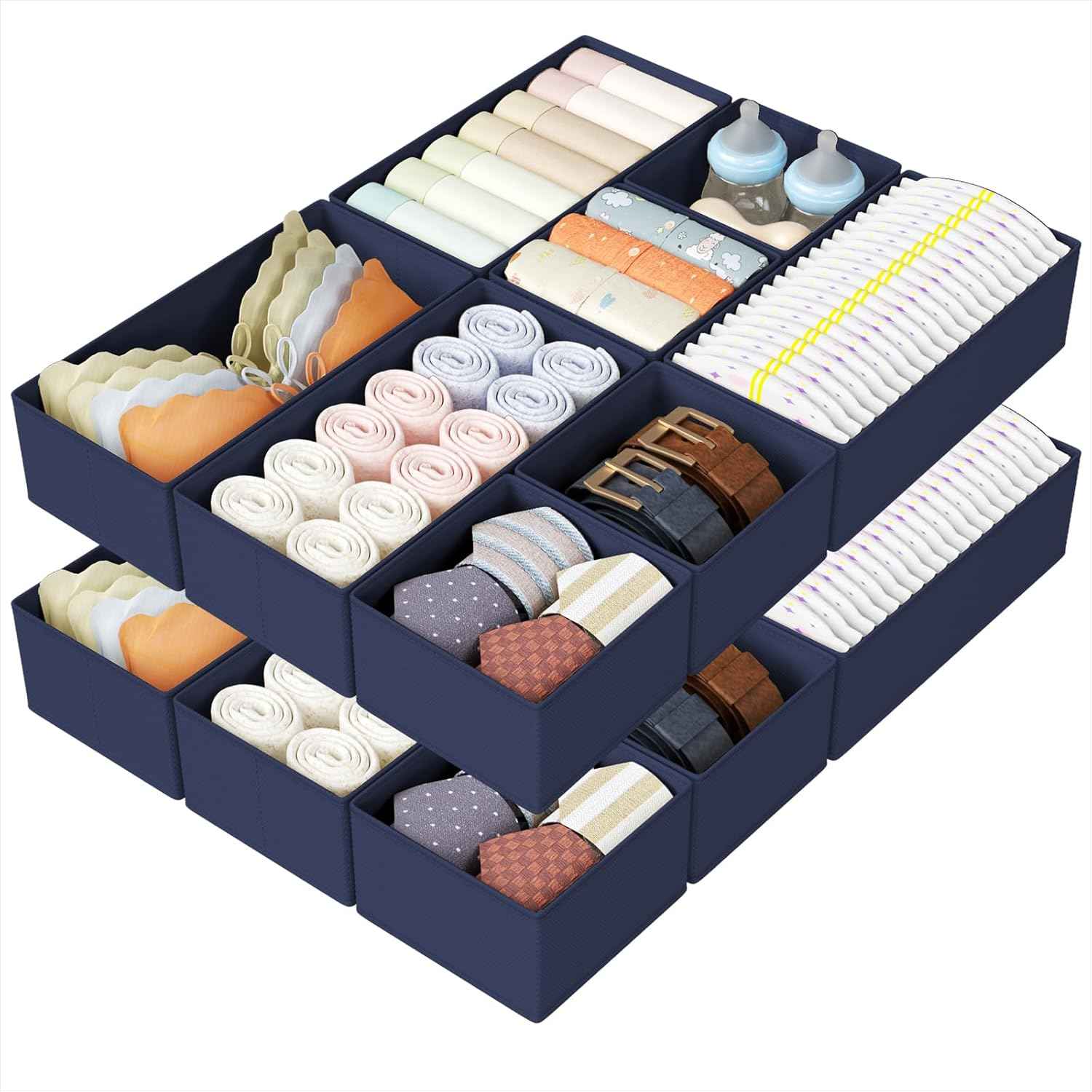 DIMJ Drawer Organizers Clothes, Set of 4 Dresser Organizer Bins, Fabric Closet Organizers and Storage, Shallow Drawer Dividers for Nursery, Clothing, Baby Clothes, Socks, Underwears, Tie (Beige)